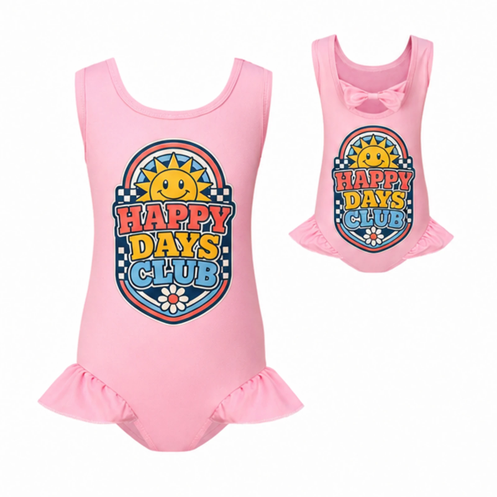 Happy Days Club Custom Girls Wide-Strap Bow-Back One-Piece Swimsuit, AI-redrawn from the exact blank product and approved logo reference