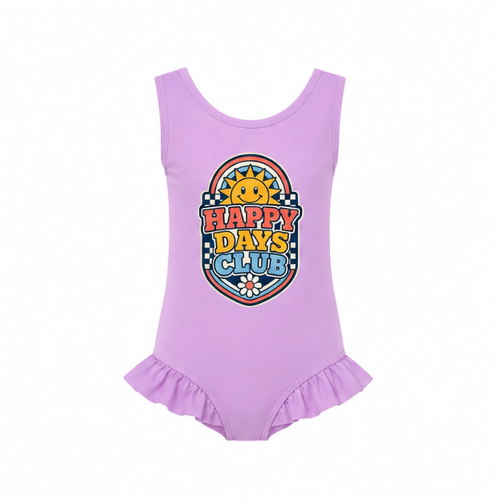 Purple option for Happy Days Club Custom Girls Ruffle-Hem One-Piece Swimsuit, AI-redrawn from the exact blank product and approved logo reference