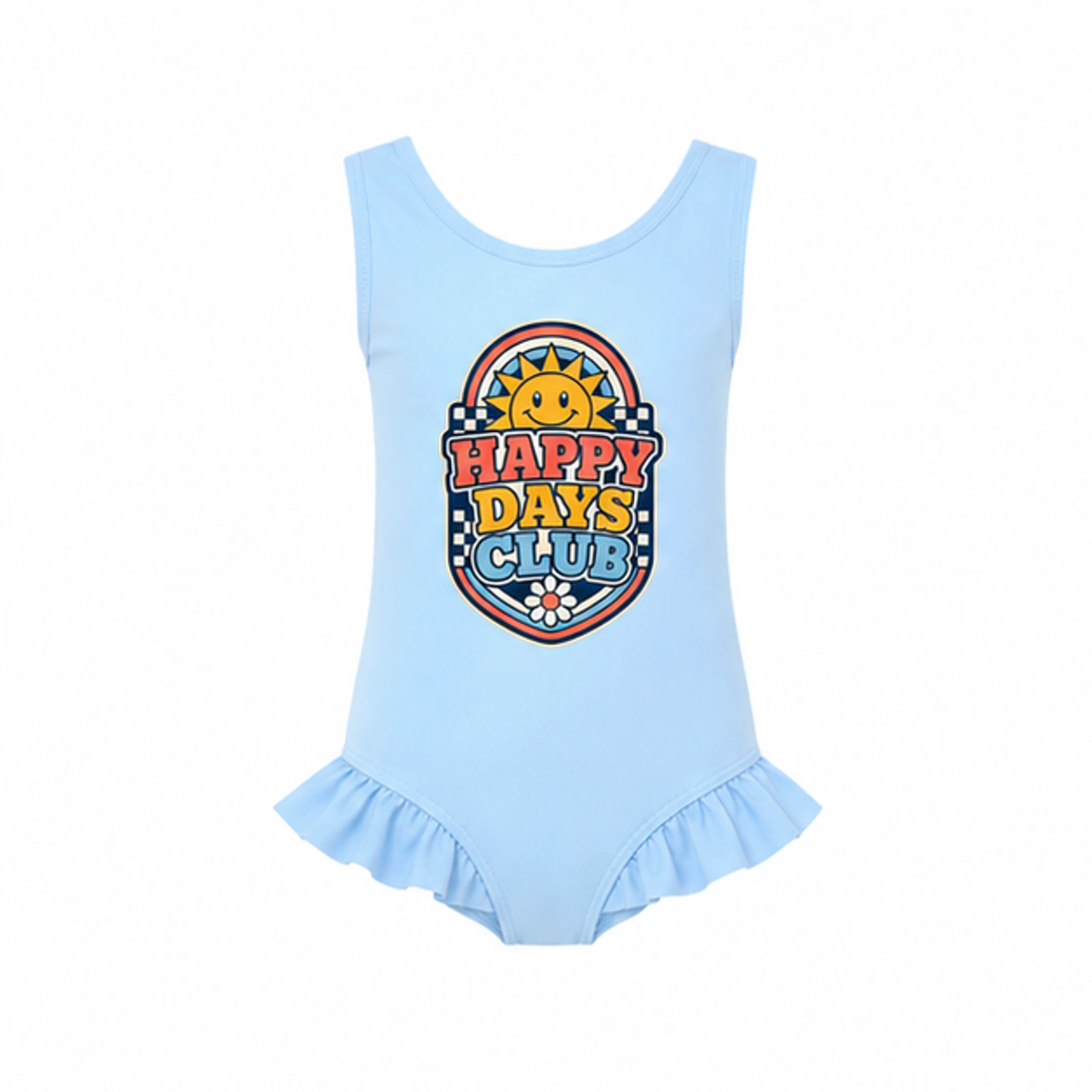 Happy Days Club Custom Girls Ruffle-Hem One-Piece Swimsuit, AI-redrawn from the exact blank product and approved logo reference, alternate clean ecommerce view