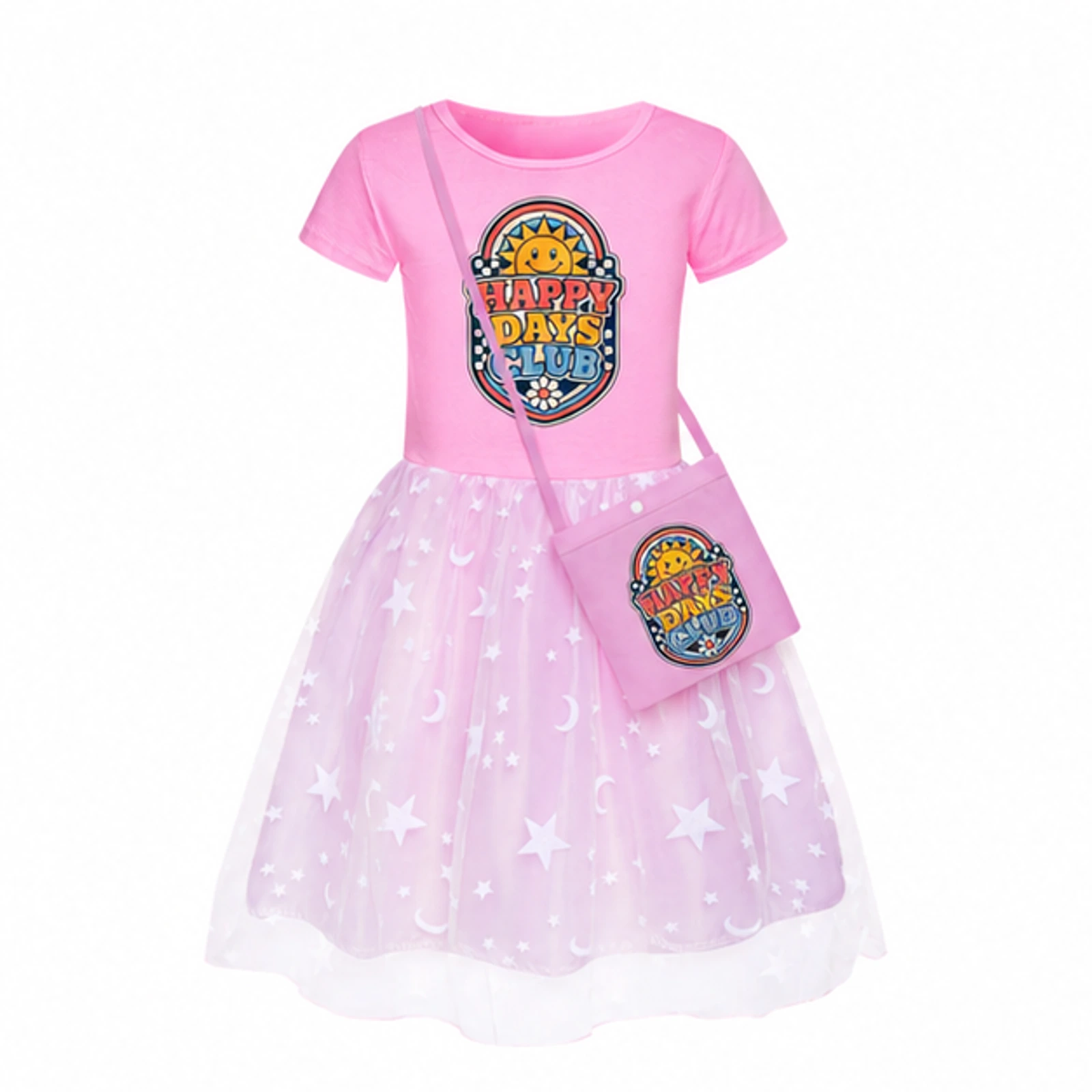 Pink · Skirt · with Bag option for Happy Days Club Custom Girls Short Skirt Styles with Bag, AI-redrawn from the exact blank product and approved logo reference