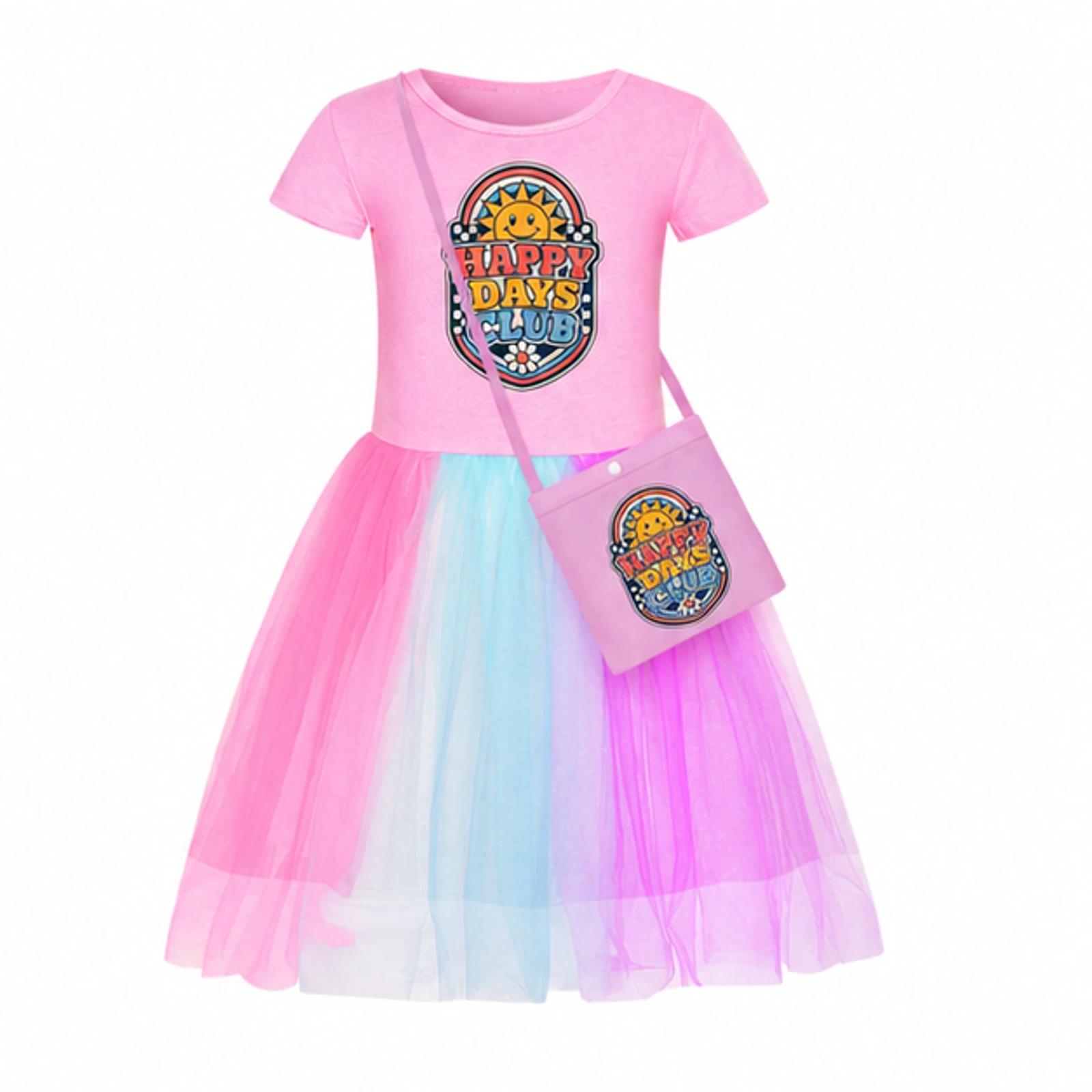 Pink · Short Tulle Skirt · with Bag option for Happy Days Club Custom Girls Short Skirt Styles with Bag, AI-redrawn from the exact blank product and approved logo reference