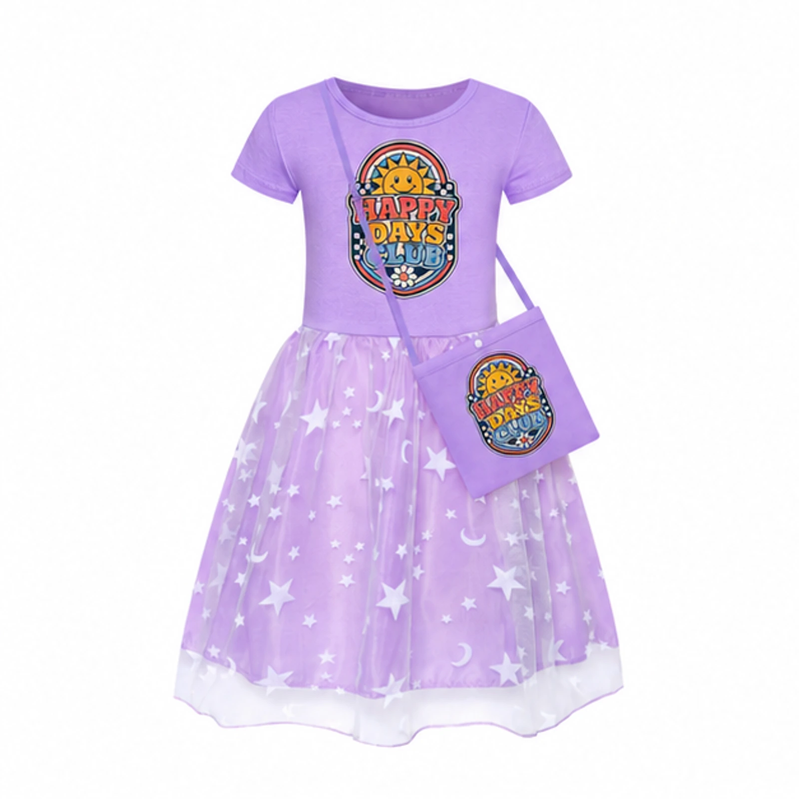 Happy Days Club Custom Girls Short Skirt Styles with Bag, AI-redrawn from the exact blank product and approved logo reference, alternate clean ecommerce view