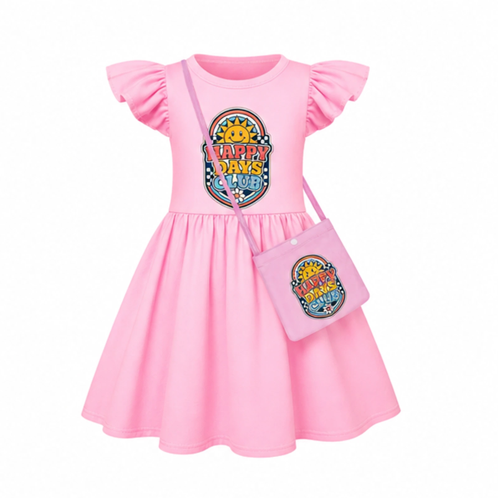 Pink · with Bag option for Happy Days Club Custom Girls Short-Sleeve Sleep Dress with Crossbody Bag, AI-redrawn from the exact blank product and approved logo reference