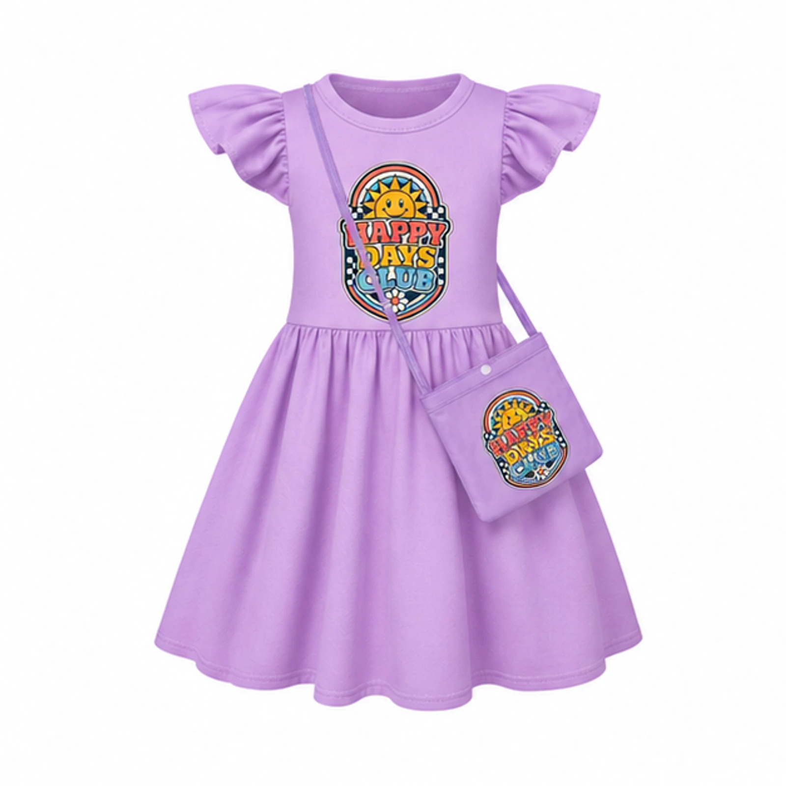 Happy Days Club Custom Girls Short-Sleeve Sleep Dress with Crossbody Bag, AI-redrawn from the exact blank product and approved logo reference, alternate clean ecommerce view
