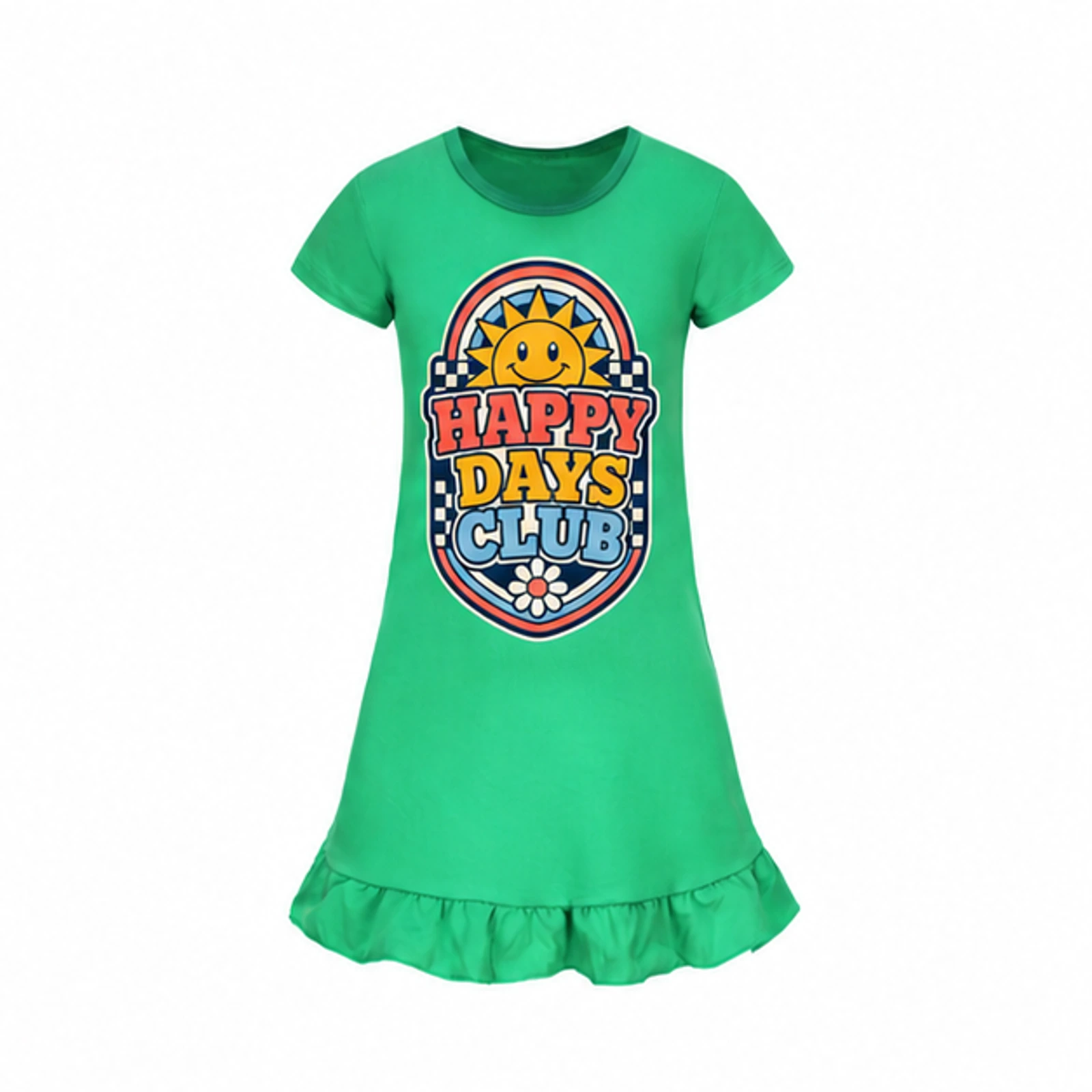 Green option for Happy Days Club Custom Girls Short-Sleeve Sleep Dress, AI-redrawn from the exact blank product and approved logo reference