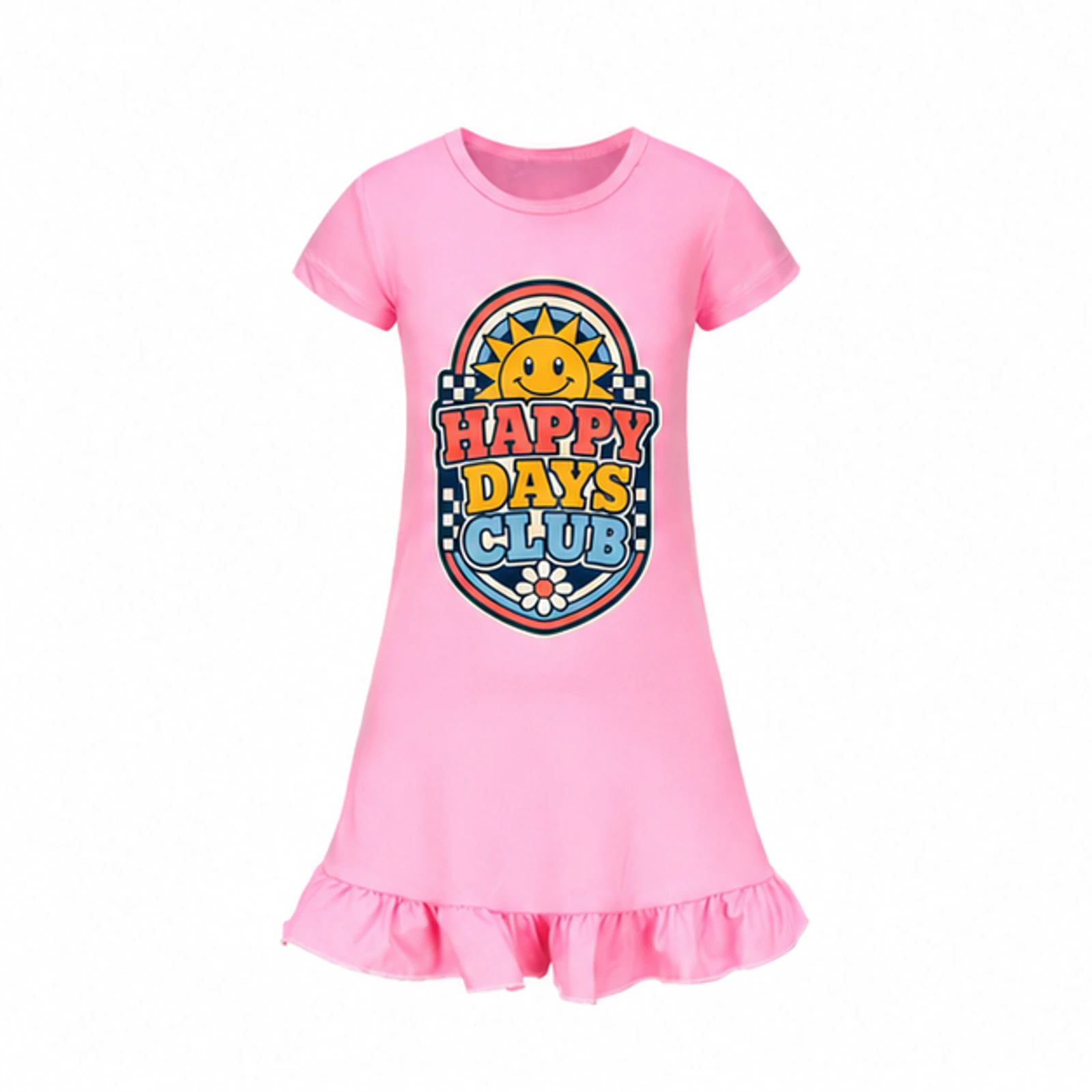 Happy Days Club Custom Girls Short-Sleeve Sleep Dress, AI-redrawn from the exact blank product and approved logo reference, alternate clean ecommerce view