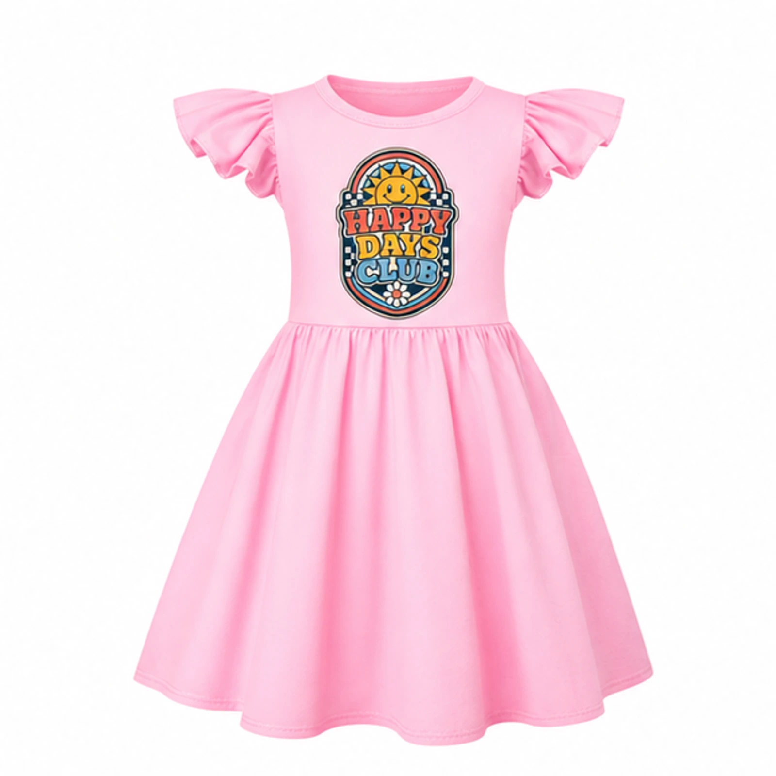 Pink option for Happy Days Club Custom Girls Short-Sleeve Sleep Dress with Matching Bag, AI-redrawn from the exact blank product and approved logo reference