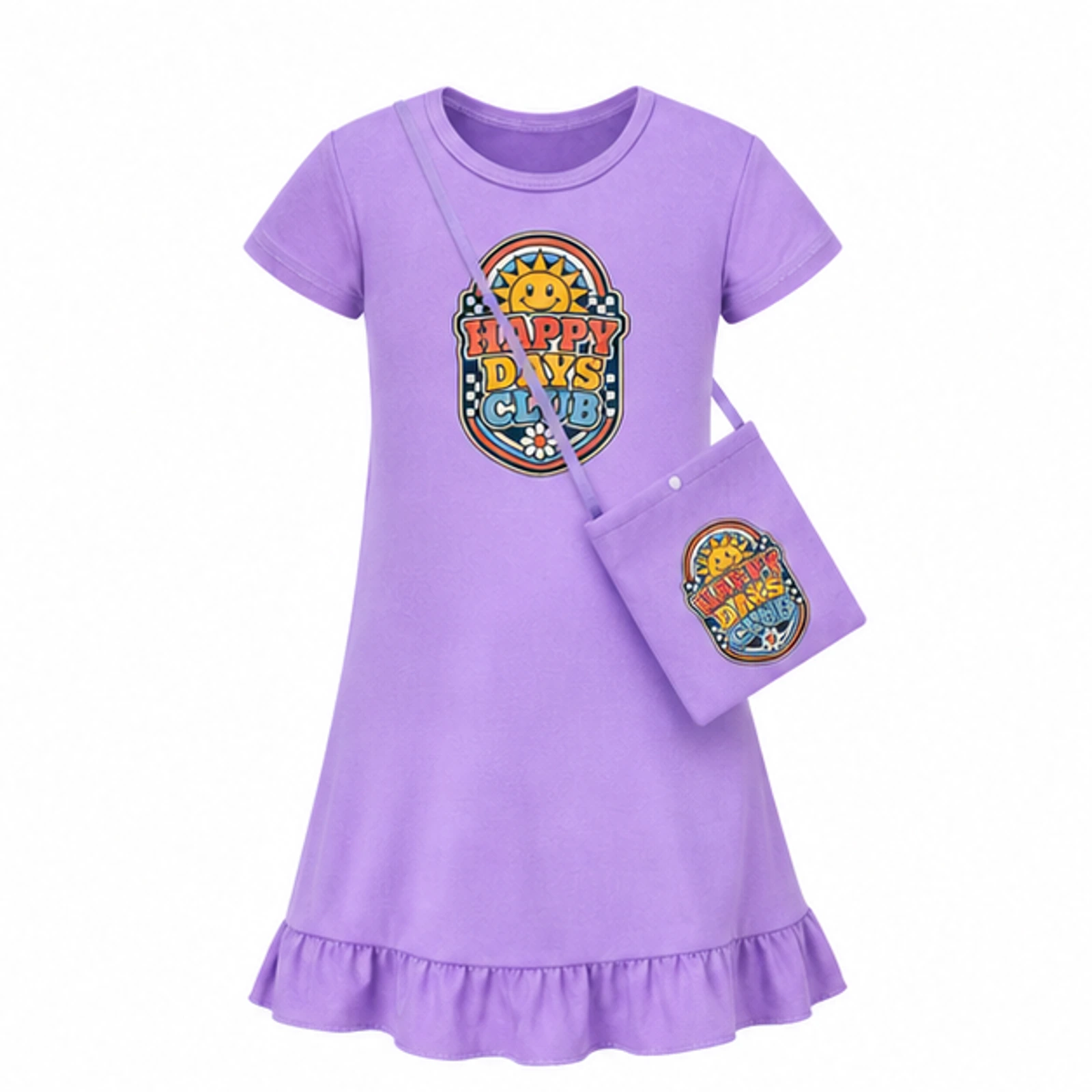 Purple · with Bag option for Happy Days Club Custom Girls Short-Sleeve Sleep Dress with Matching Bag, AI-redrawn from the exact blank product and approved logo reference