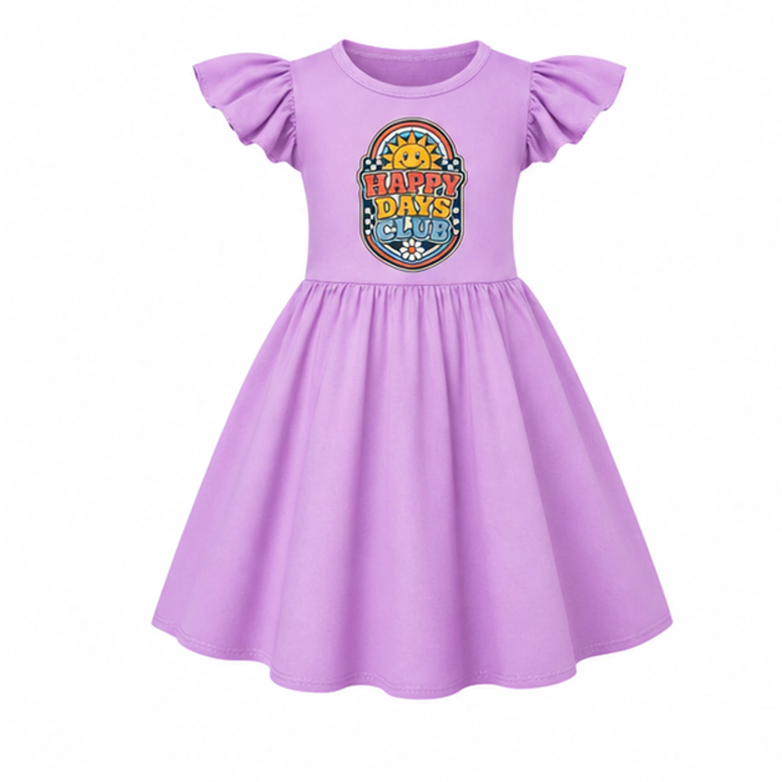 Happy Days Club Custom Girls Short-Sleeve Sleep Dress with Matching Bag, AI-redrawn from the exact blank product and approved logo reference, alternate clean ecommerce view