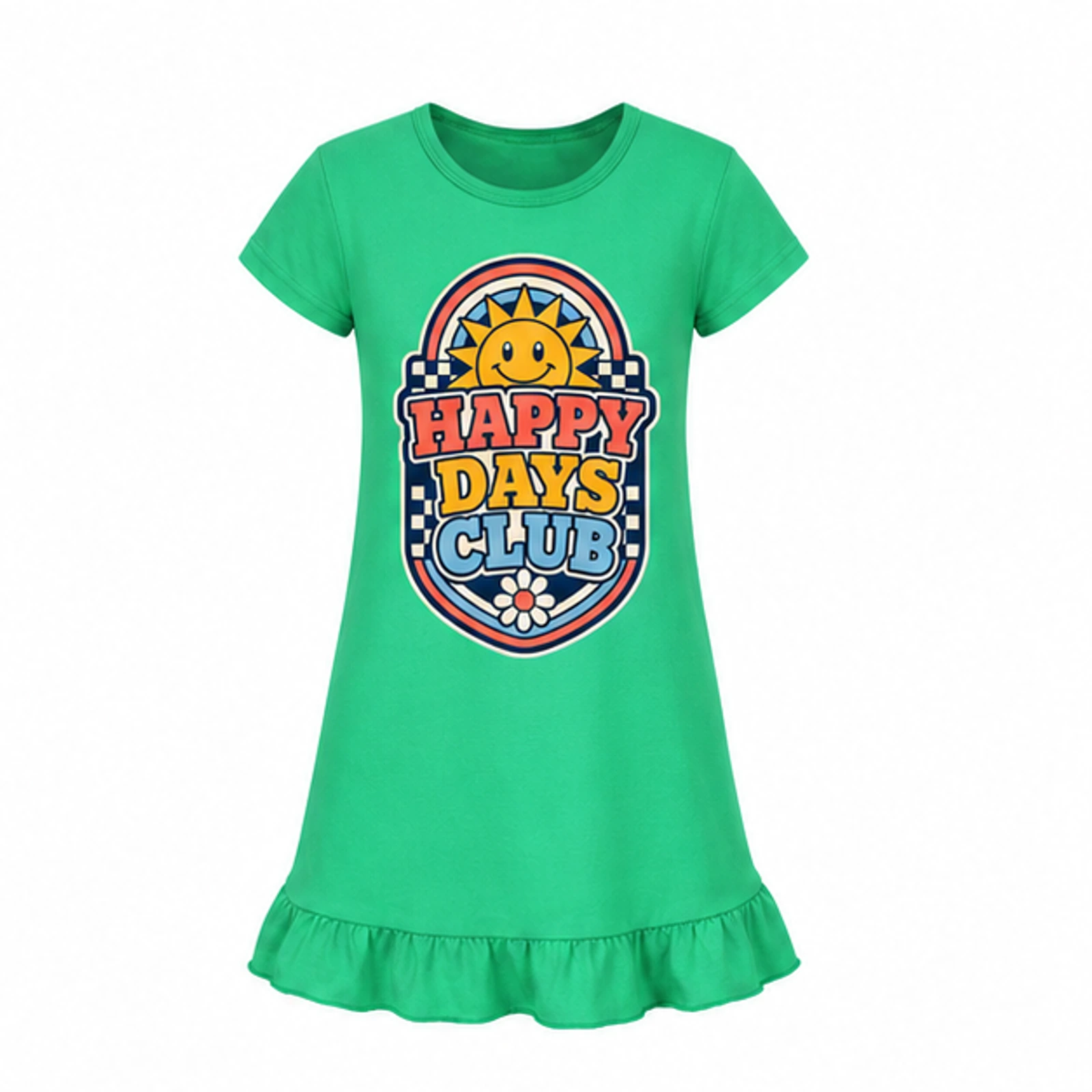 Happy Days Club Custom Girls Short-Sleeve Sleep Dress, AI-redrawn from the exact blank product and approved logo reference, alternate approved color view