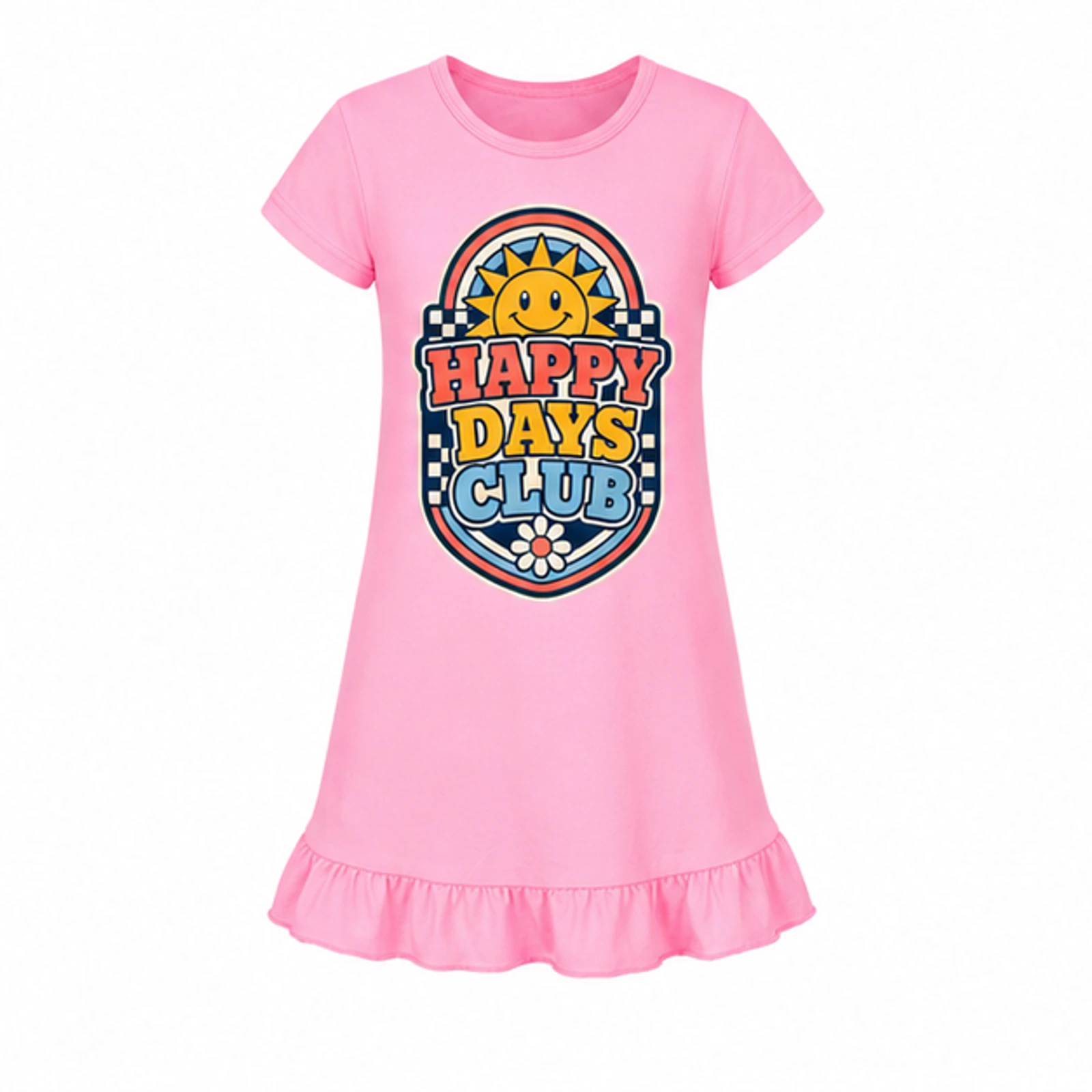 Happy Days Club Custom Girls Short-Sleeve Sleep Dress, AI-redrawn from the exact blank product and approved logo reference, alternate clean ecommerce view
