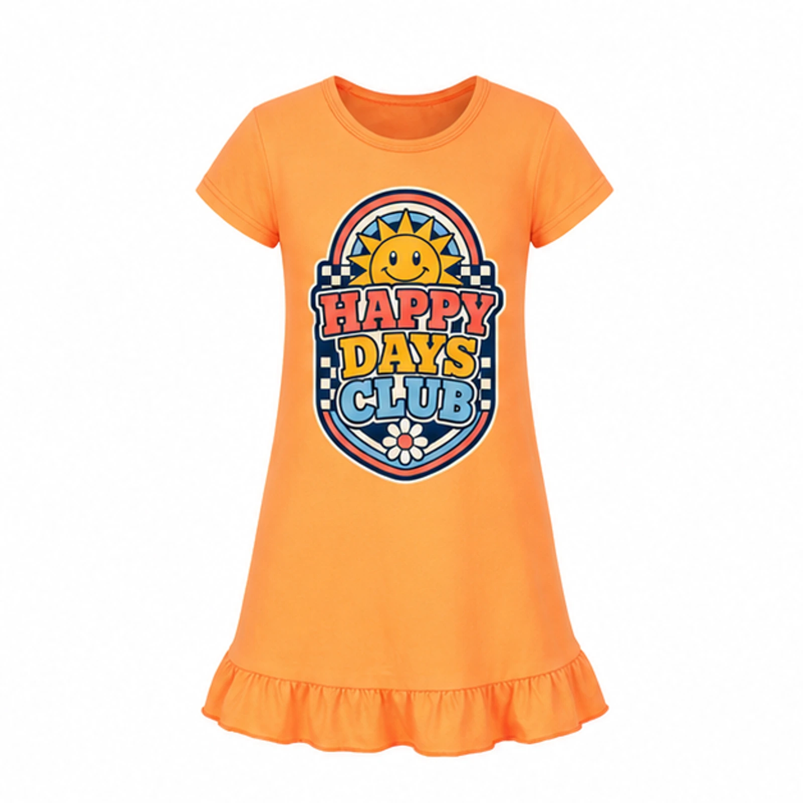 Happy Days Club Custom Girls Short-Sleeve Sleep Dress, AI-redrawn from the exact blank product and approved logo reference