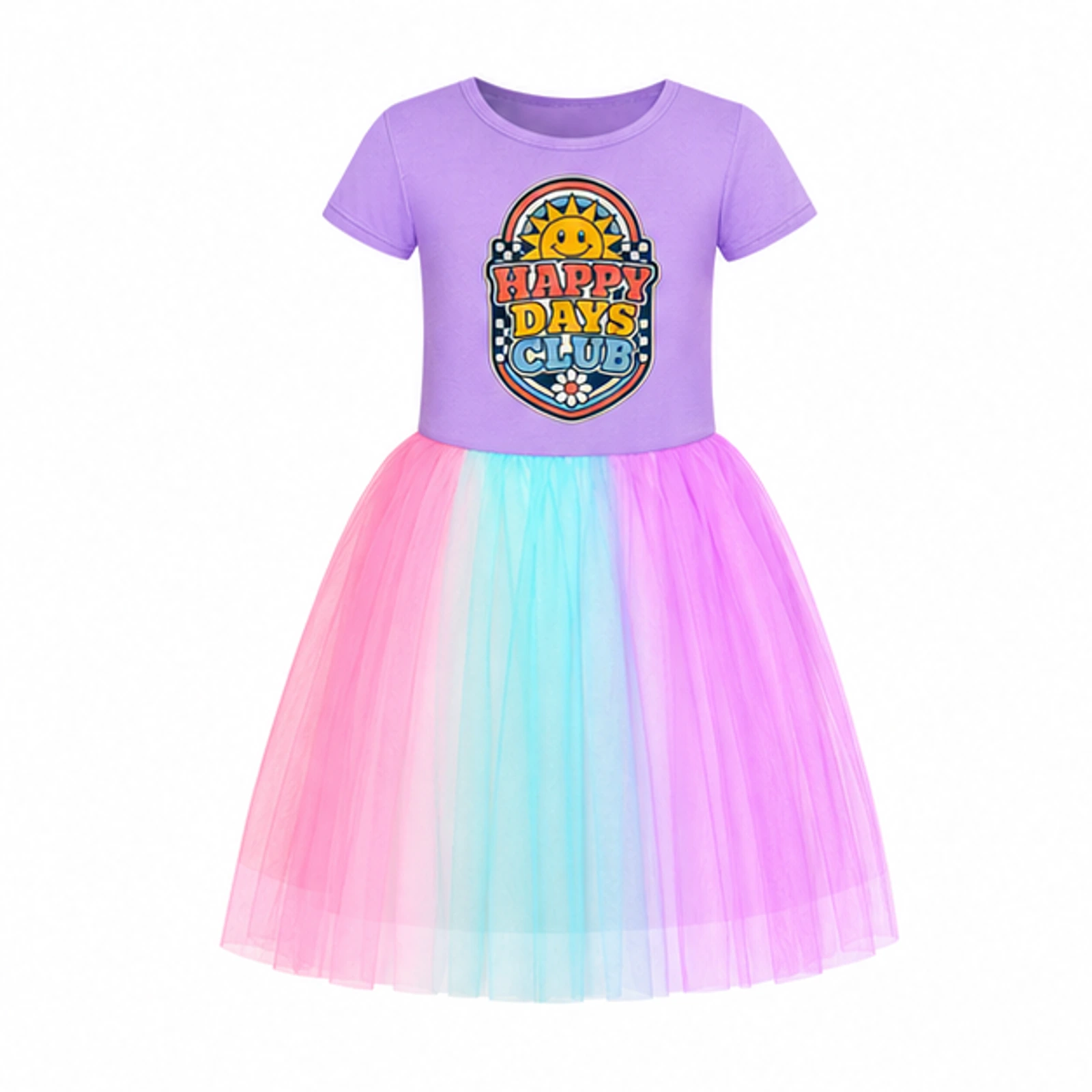 Purple · Short Tulle Skirt option for Happy Days Club Custom Girls Short Tulle and Classic Skirt Styles, AI-redrawn from the exact blank product and approved logo reference