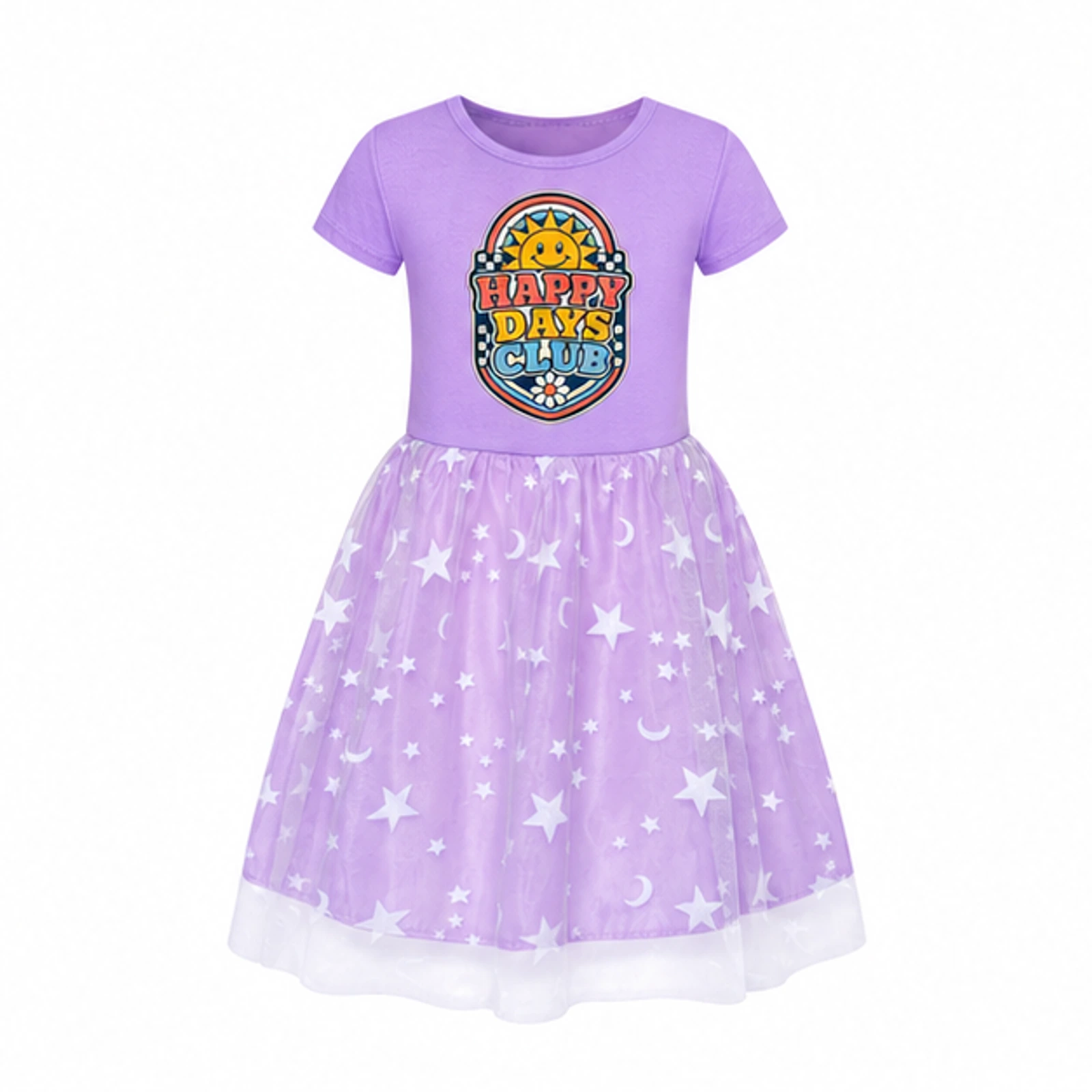 Happy Days Club Custom Girls Short Tulle and Classic Skirt Styles, AI-redrawn from the exact blank product and approved logo reference, alternate clean ecommerce view