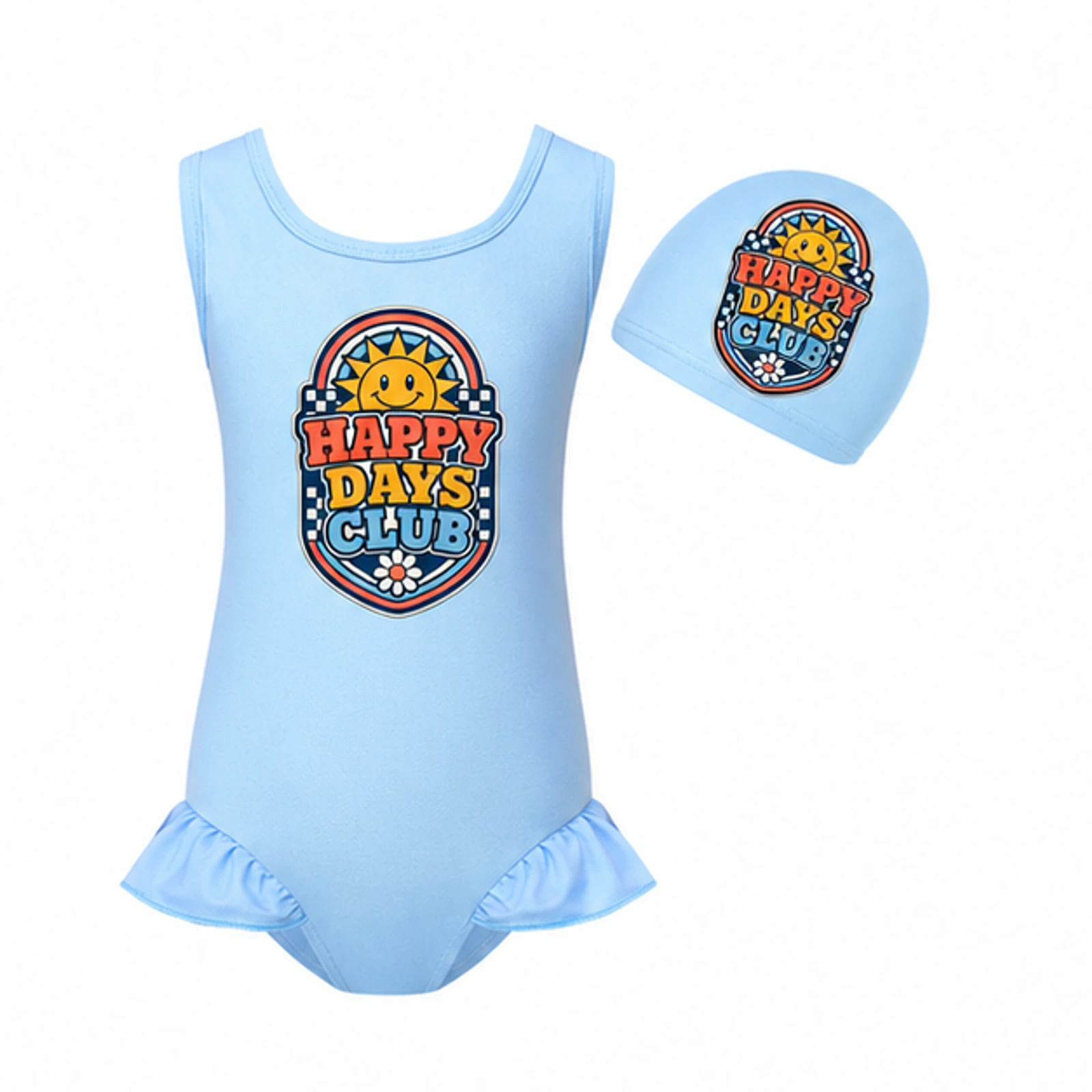 Light Blue · Set option for Happy Days Club Custom Girls Wide-Strap Swimsuit and Cap Set, AI-redrawn from the exact blank product and approved logo reference