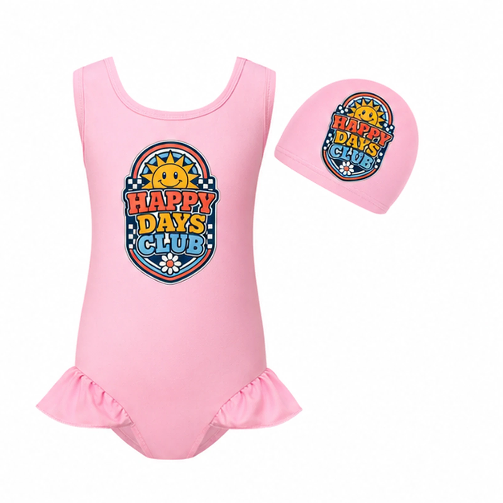 Happy Days Club Custom Girls Wide-Strap Swimsuit and Cap Set, AI-redrawn from the exact blank product and approved logo reference, alternate approved color view
