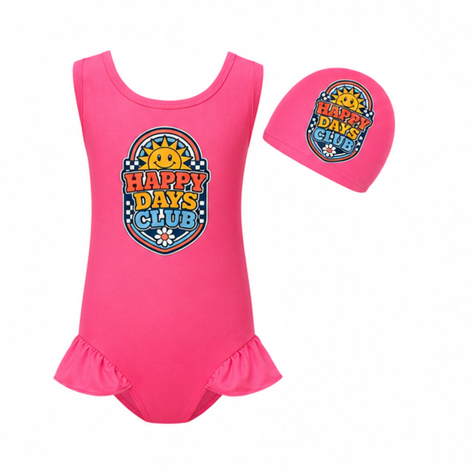 Happy Days Club Custom Girls Wide-Strap Swimsuit and Cap Set, AI-redrawn from the exact blank product and approved logo reference, alternate clean ecommerce view