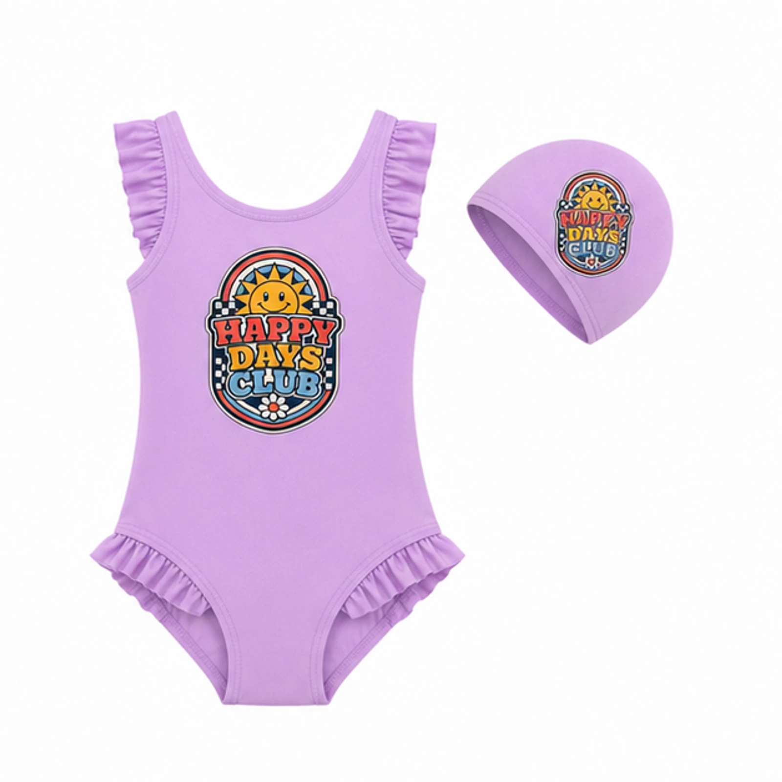 Happy Days Club Custom Girls Ruffle Swimsuit and Cap Set, AI-redrawn from the exact blank product and approved logo reference, alternate approved color view