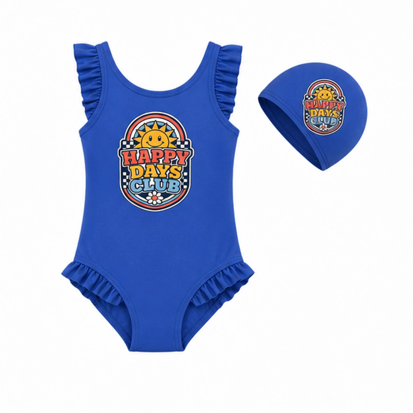 Happy Days Club Custom Girls Ruffle Swimsuit and Cap Set, AI-redrawn from the exact blank product and approved logo reference, alternate clean ecommerce view