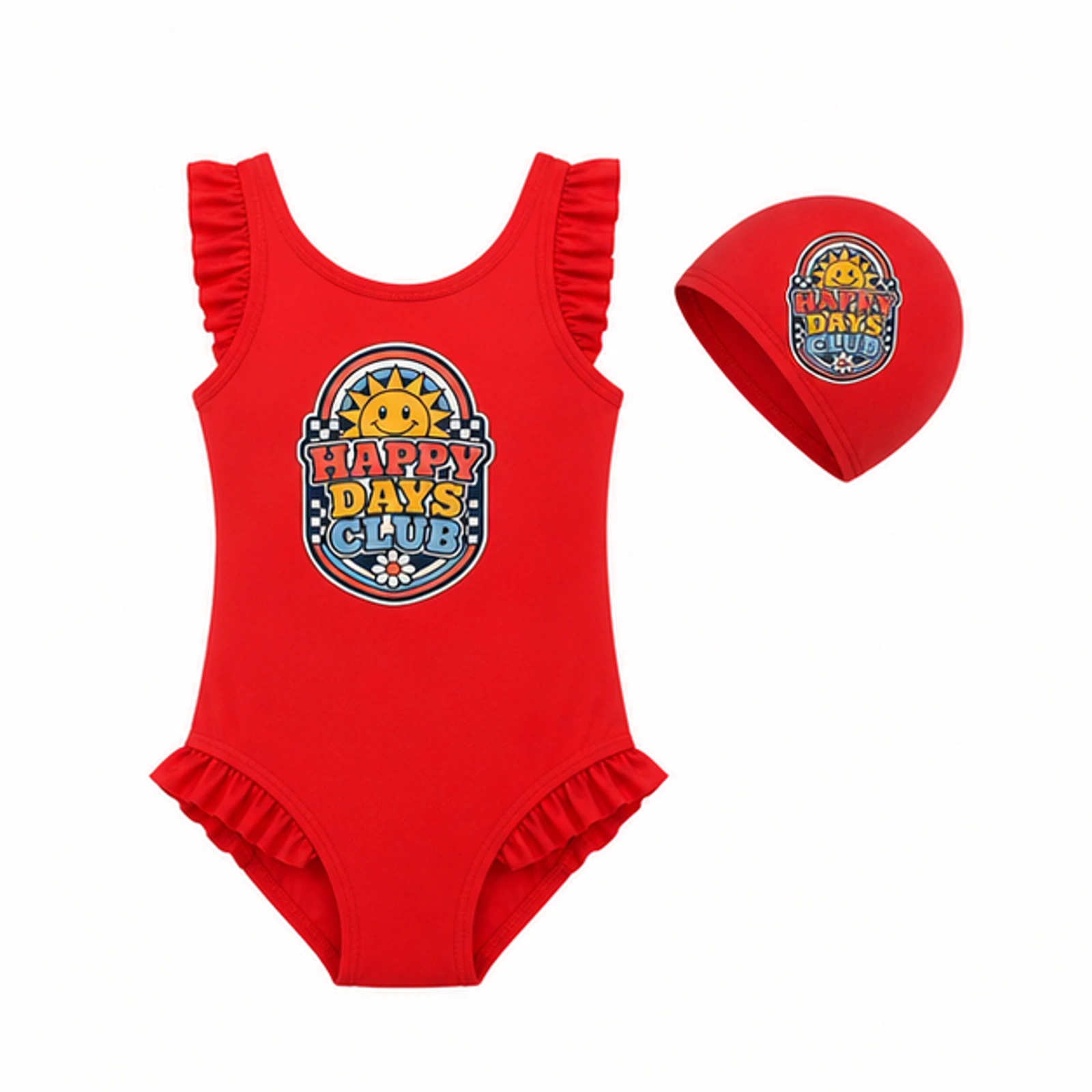 Happy Days Club Custom Girls Ruffle Swimsuit and Cap Set, AI-redrawn from the exact blank product and approved logo reference