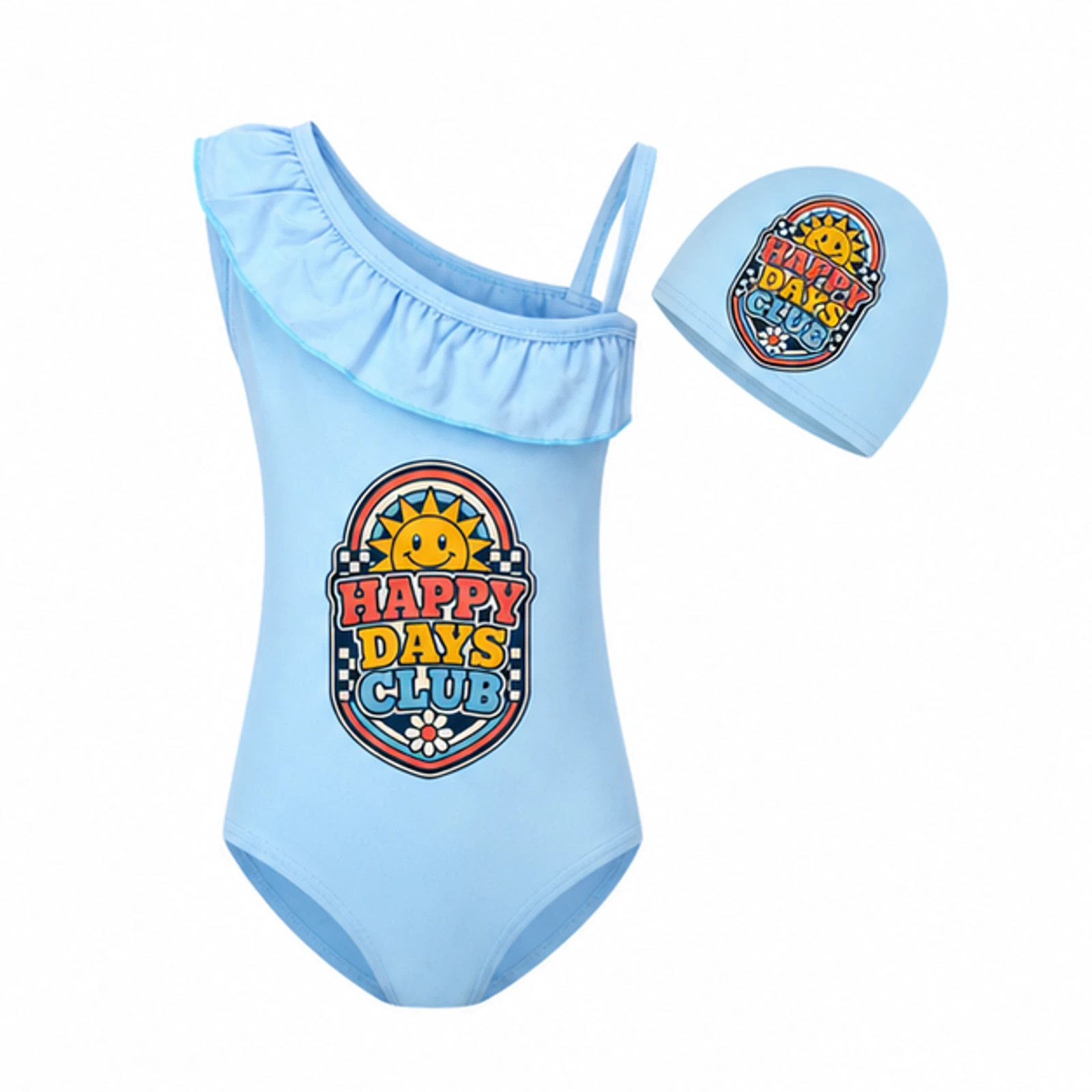 Happy Days Club Custom Girls Asymmetric-Ruffle Swimsuit and Cap Set, AI-redrawn from the exact blank product and approved logo reference, alternate approved color view
