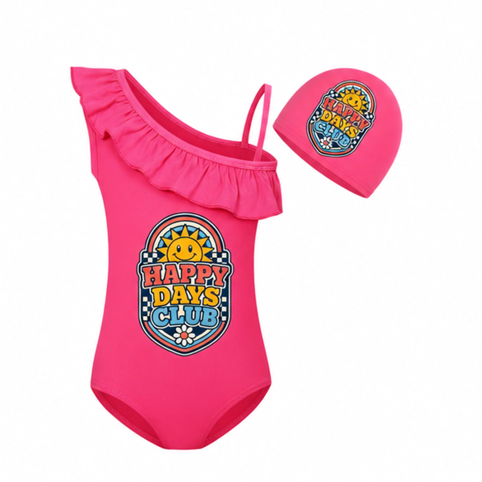 Happy Days Club Custom Girls Asymmetric-Ruffle Swimsuit and Cap Set, AI-redrawn from the exact blank product and approved logo reference, alternate clean ecommerce view
