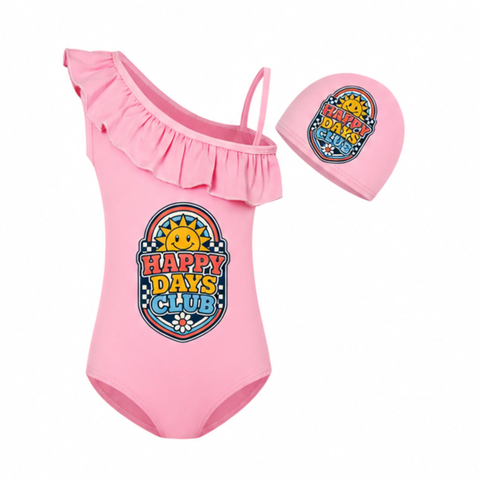 Happy Days Club Custom Girls Asymmetric-Ruffle Swimsuit and Cap Set, AI-redrawn from the exact blank product and approved logo reference