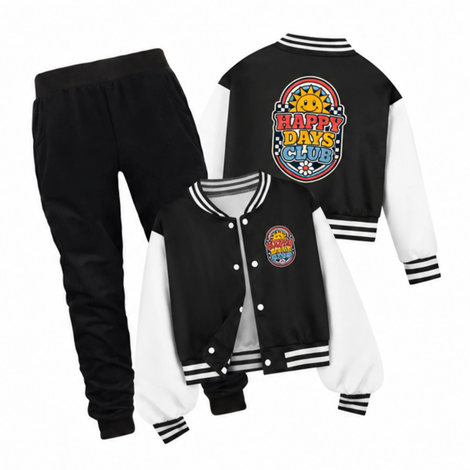 Black · Set option for Happy Days Club Custom Kids Baseball Jacket and Pants Set, AI-redrawn from the exact blank product and approved logo reference