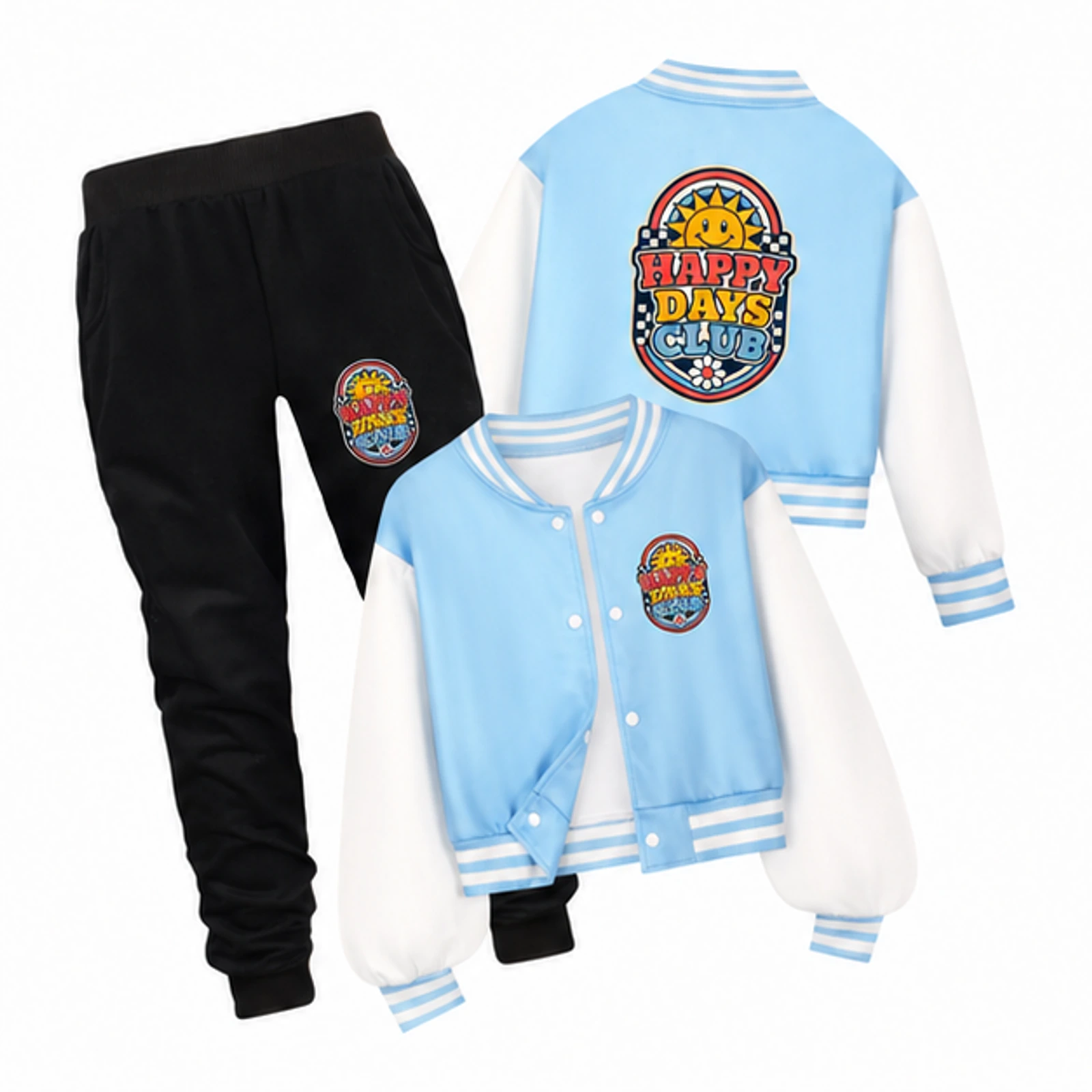 Happy Days Club Custom Kids Baseball Jacket and Pants Set, AI-redrawn from the exact blank product and approved logo reference, alternate clean ecommerce view