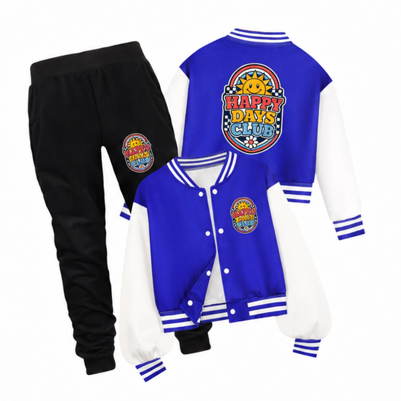 Happy Days Club Custom Kids Baseball Jacket and Pants Set, AI-redrawn from the exact blank product and approved logo reference