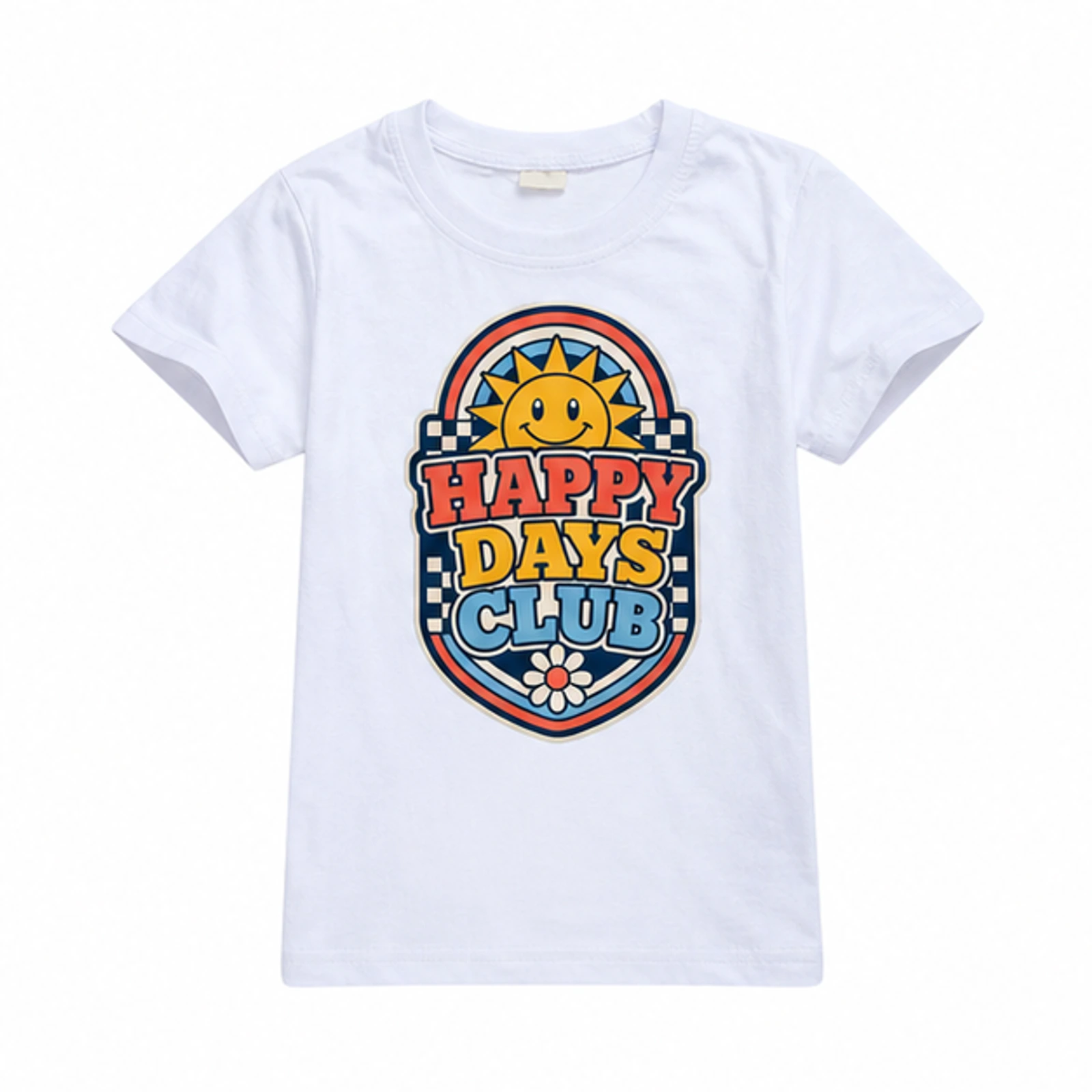 White option for Happy Days Club Custom Kids Classic Short-Sleeve T-Shirt, AI-redrawn from the exact blank product and approved logo reference