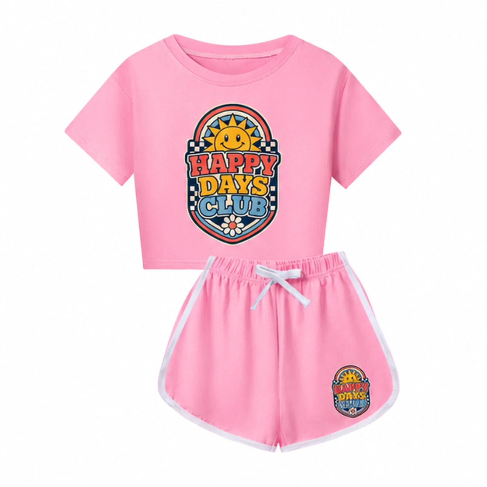 Pink option for Happy Days Club Custom Kids Checker Short-Sleeve Top and Shorts Set, AI-redrawn from the exact blank product and approved logo reference