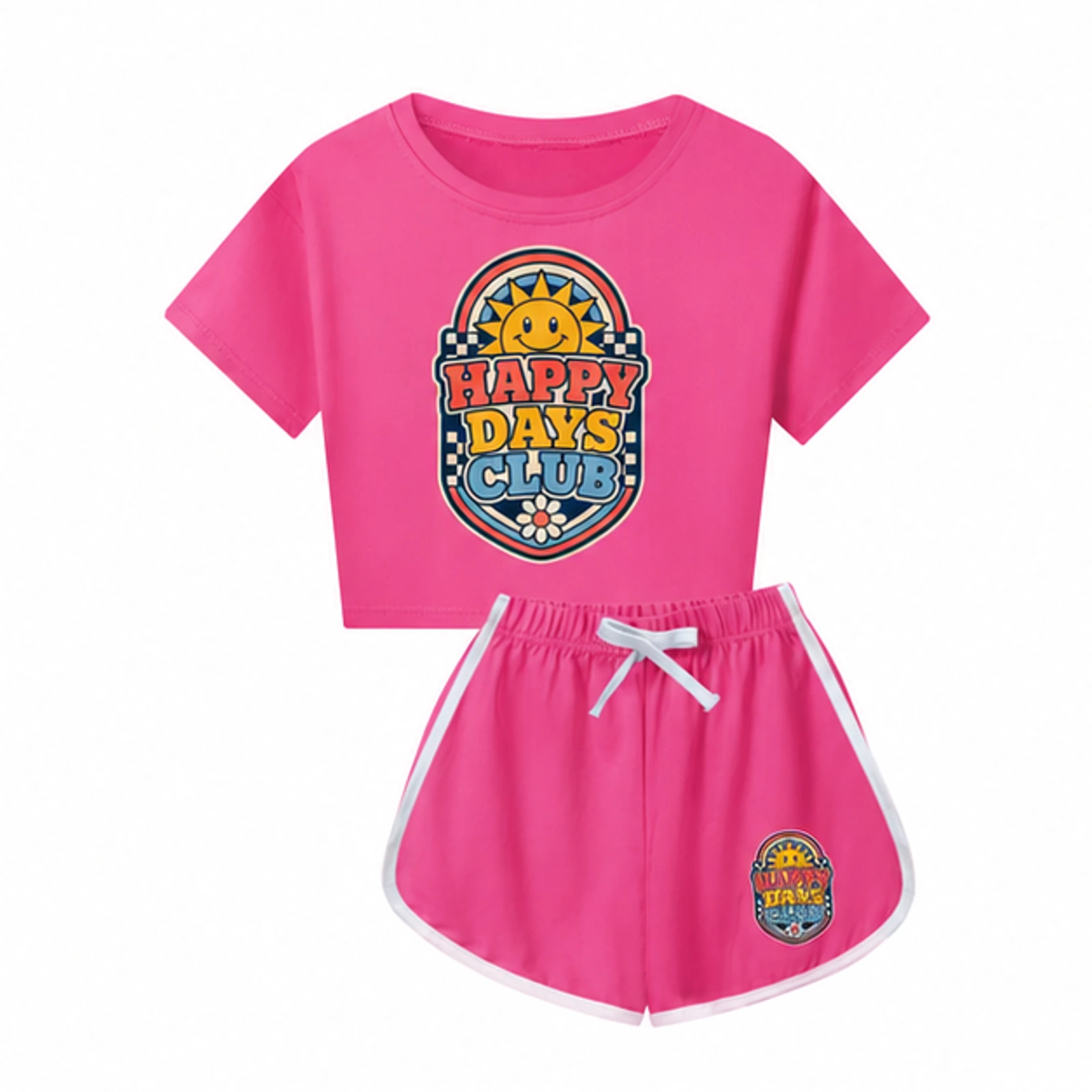 Happy Days Club Custom Kids Checker Short-Sleeve Top and Shorts Set, AI-redrawn from the exact blank product and approved logo reference, alternate clean ecommerce view