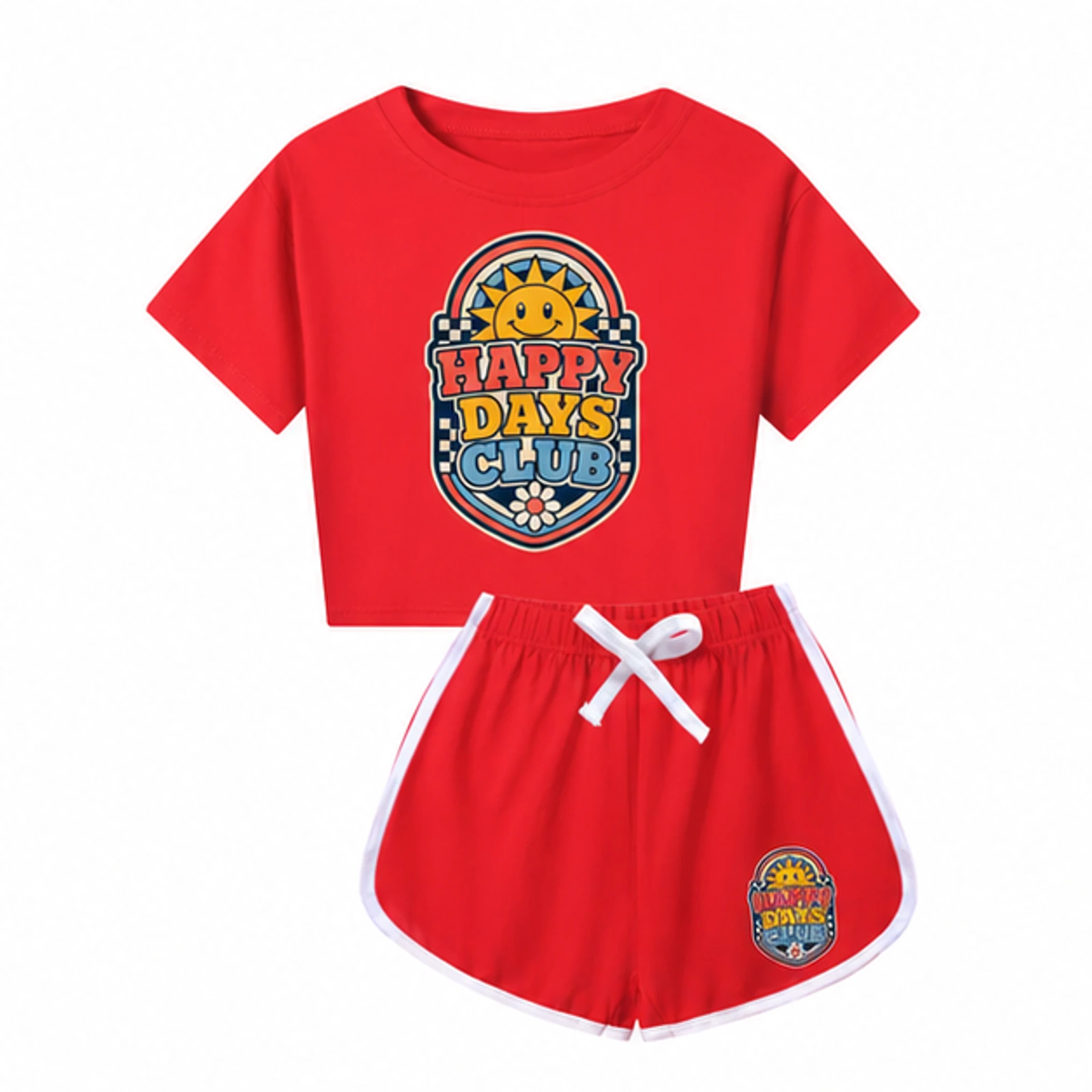 Happy Days Club Custom Kids Checker Short-Sleeve Top and Shorts Set, AI-redrawn from the exact blank product and approved logo reference