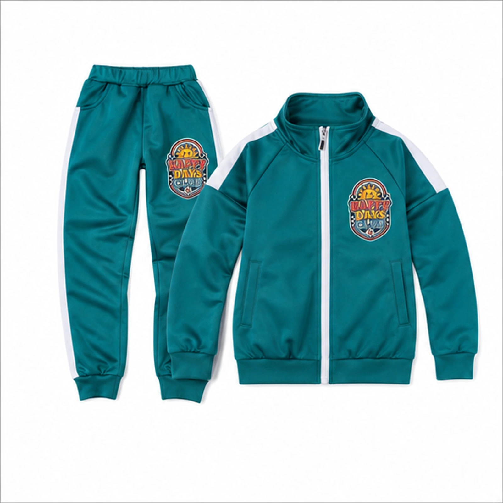Happy Days Club Custom Kids Color-Block Jacket and Pants Set, AI-redrawn from the exact blank product and approved logo reference, alternate approved color view
