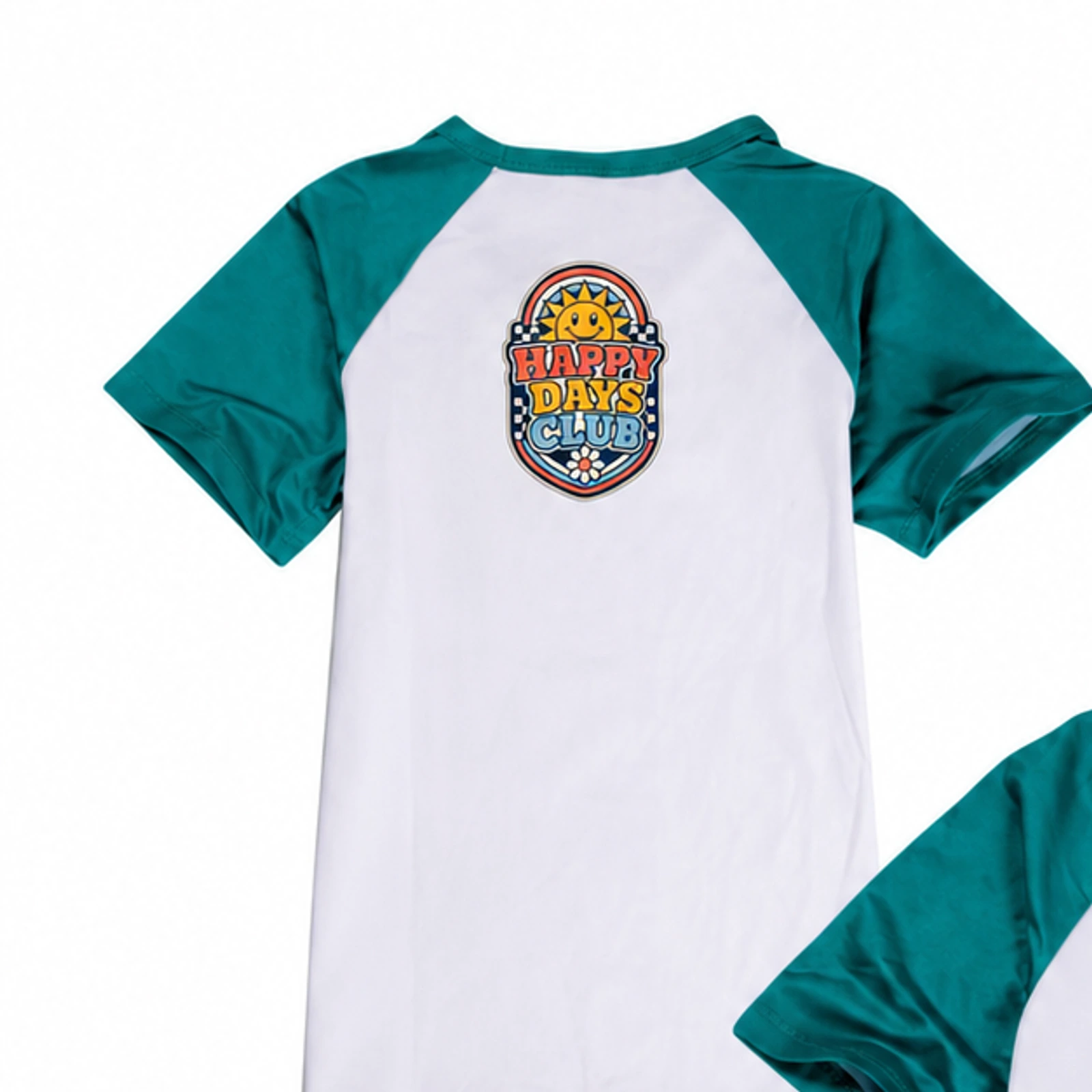 Happy Days Club Custom Kids Color-Block T-Shirt, AI-redrawn from the exact blank product and approved logo reference