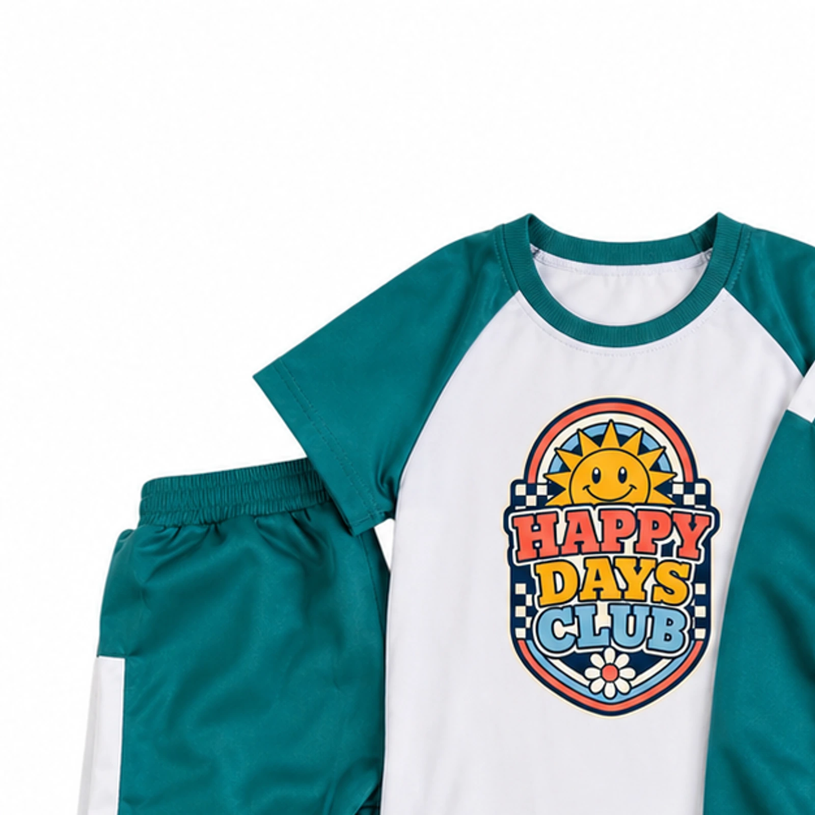 Happy Days Club Custom Kids Color-Block Three-Piece Tracksuit Set, AI-redrawn from the exact blank product and approved logo reference, alternate clean ecommerce view