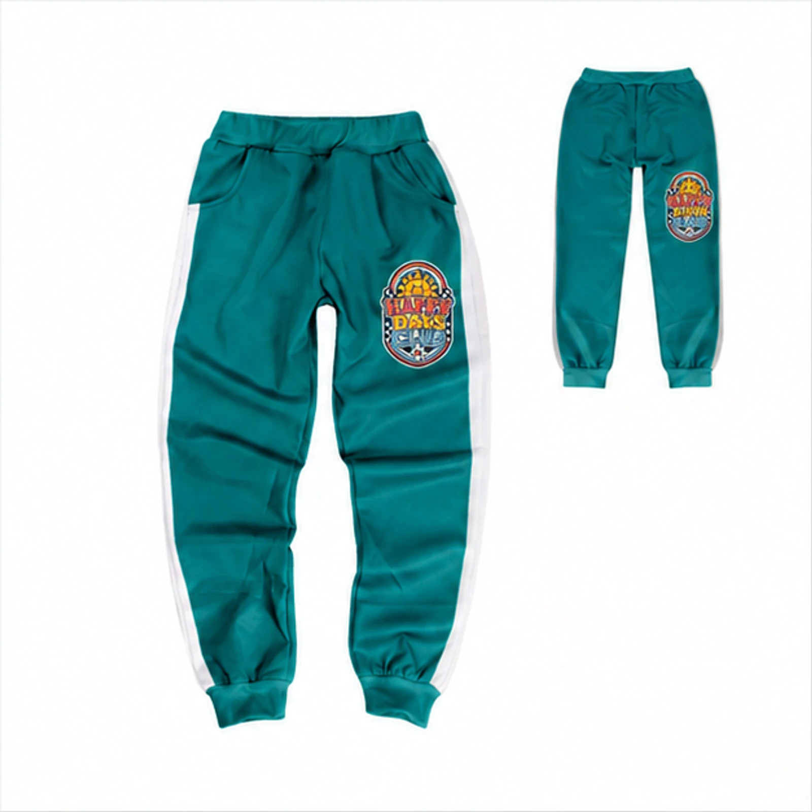 Happy Days Club Custom Kids Color-Block Tracksuit Pants, AI-redrawn from the exact blank product and approved logo reference, alternate clean ecommerce view