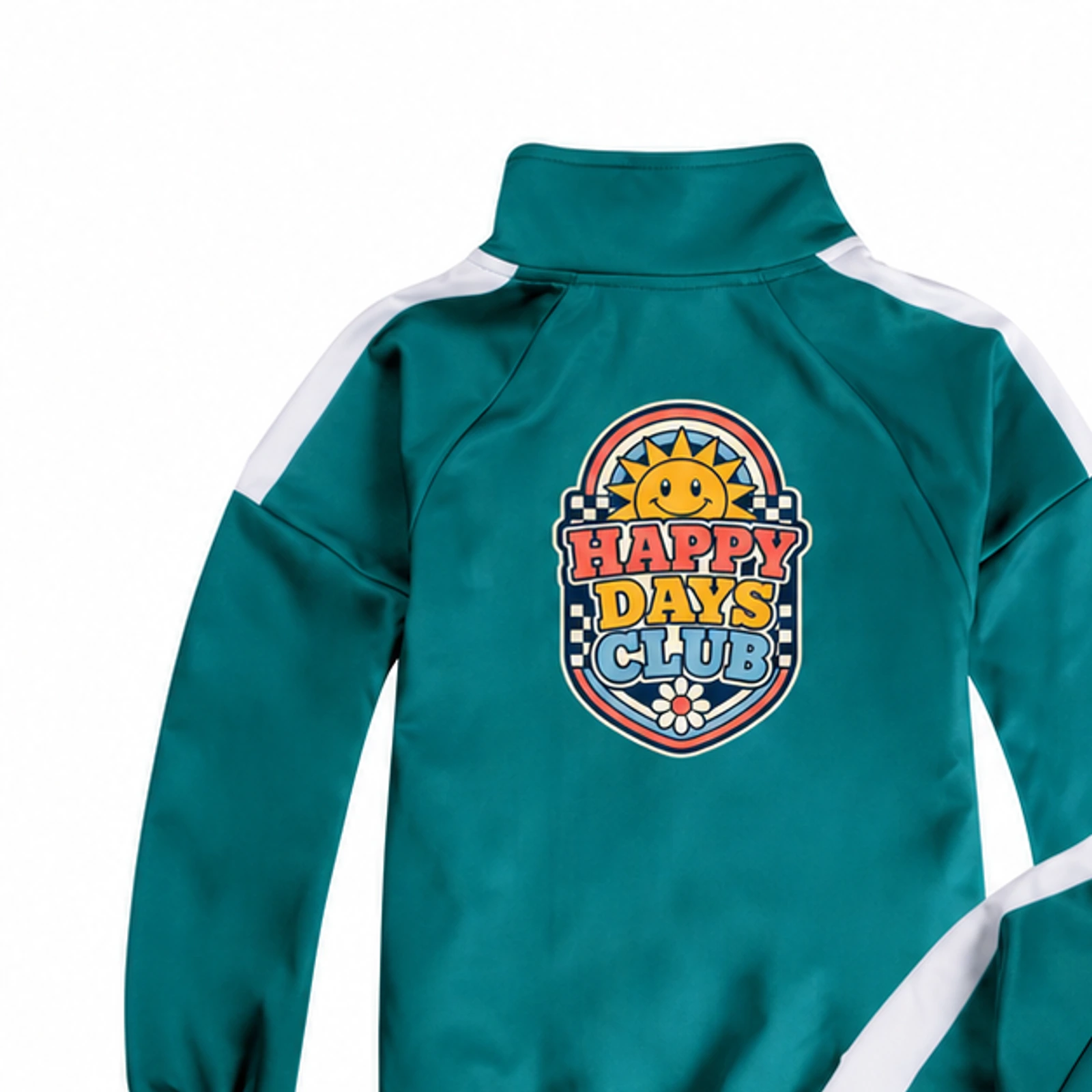 Happy Days Club Custom Kids Color-Block Zip Jacket, AI-redrawn from the exact blank product and approved logo reference