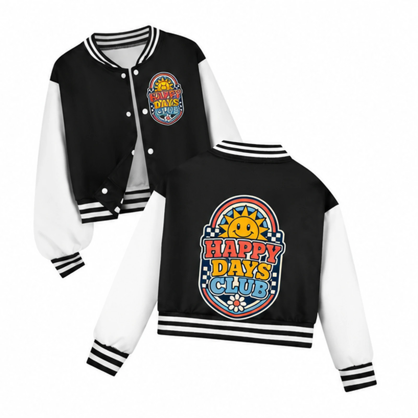 Happy Days Club Custom Kids Cropped Baseball Jacket, AI-redrawn from the exact blank product and approved logo reference, alternate approved color view