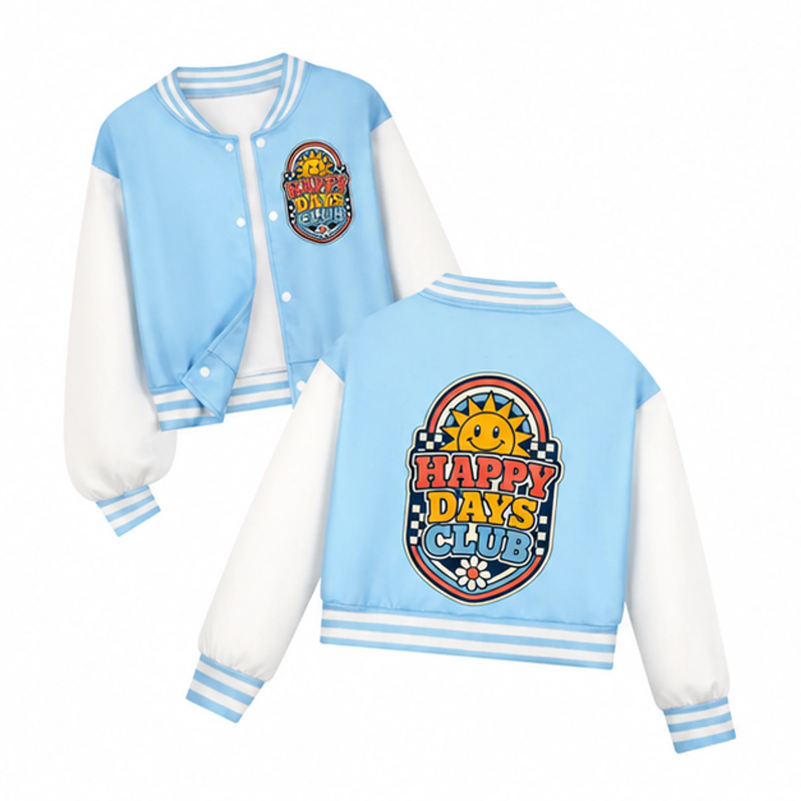 Happy Days Club Custom Kids Cropped Baseball Jacket, AI-redrawn from the exact blank product and approved logo reference, alternate clean ecommerce view