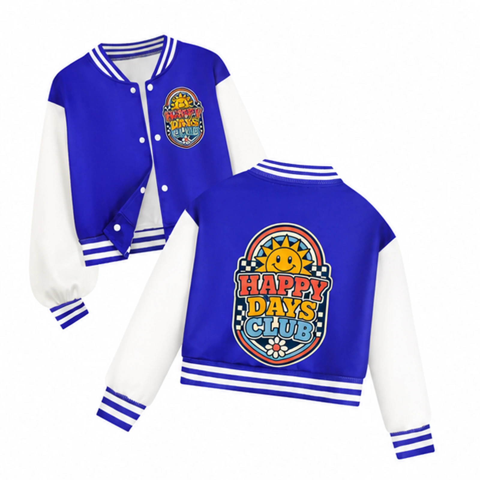 Happy Days Club Custom Kids Cropped Baseball Jacket, AI-redrawn from the exact blank product and approved logo reference