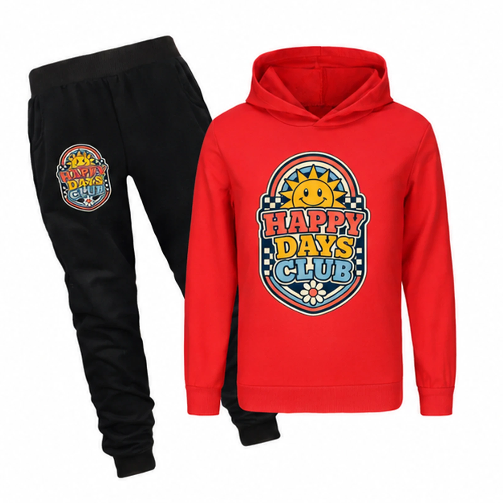 Happy Days Club Custom Kids Hoodie and Jogger Set, AI-redrawn from the exact blank product and approved logo reference, alternate clean ecommerce view