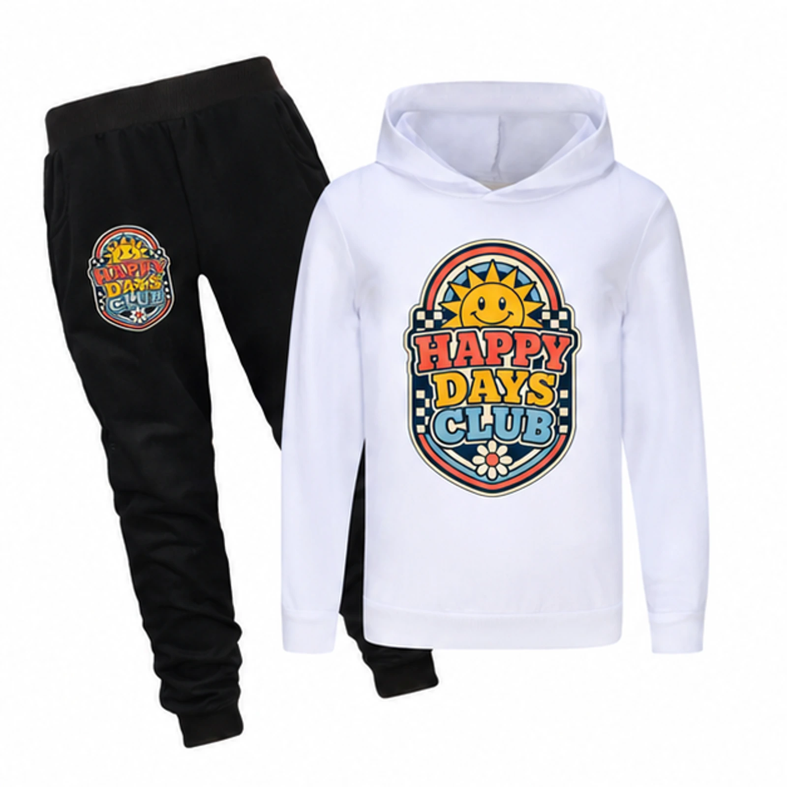 Happy Days Club Custom Kids Hoodie and Jogger Set, AI-redrawn from the exact blank product and approved logo reference