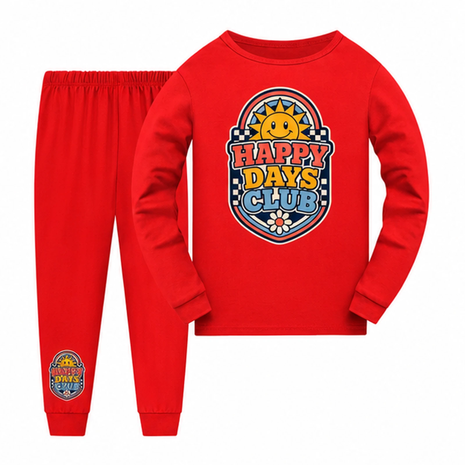 Happy Days Club Custom Kids Long Pajama Set, AI-redrawn from the exact blank product and approved logo reference, alternate approved color view