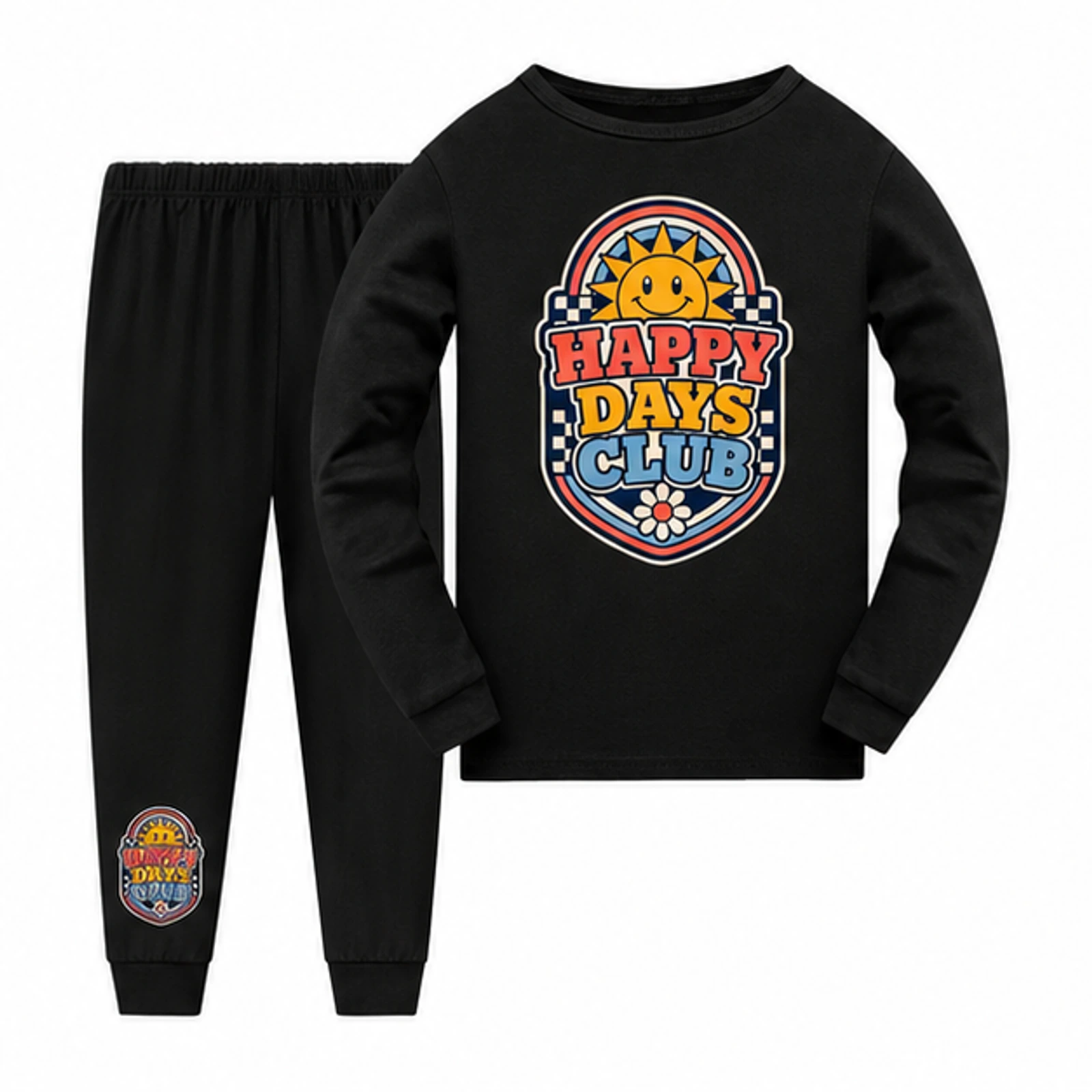 Happy Days Club Custom Kids Long Pajama Set, AI-redrawn from the exact blank product and approved logo reference, alternate clean ecommerce view