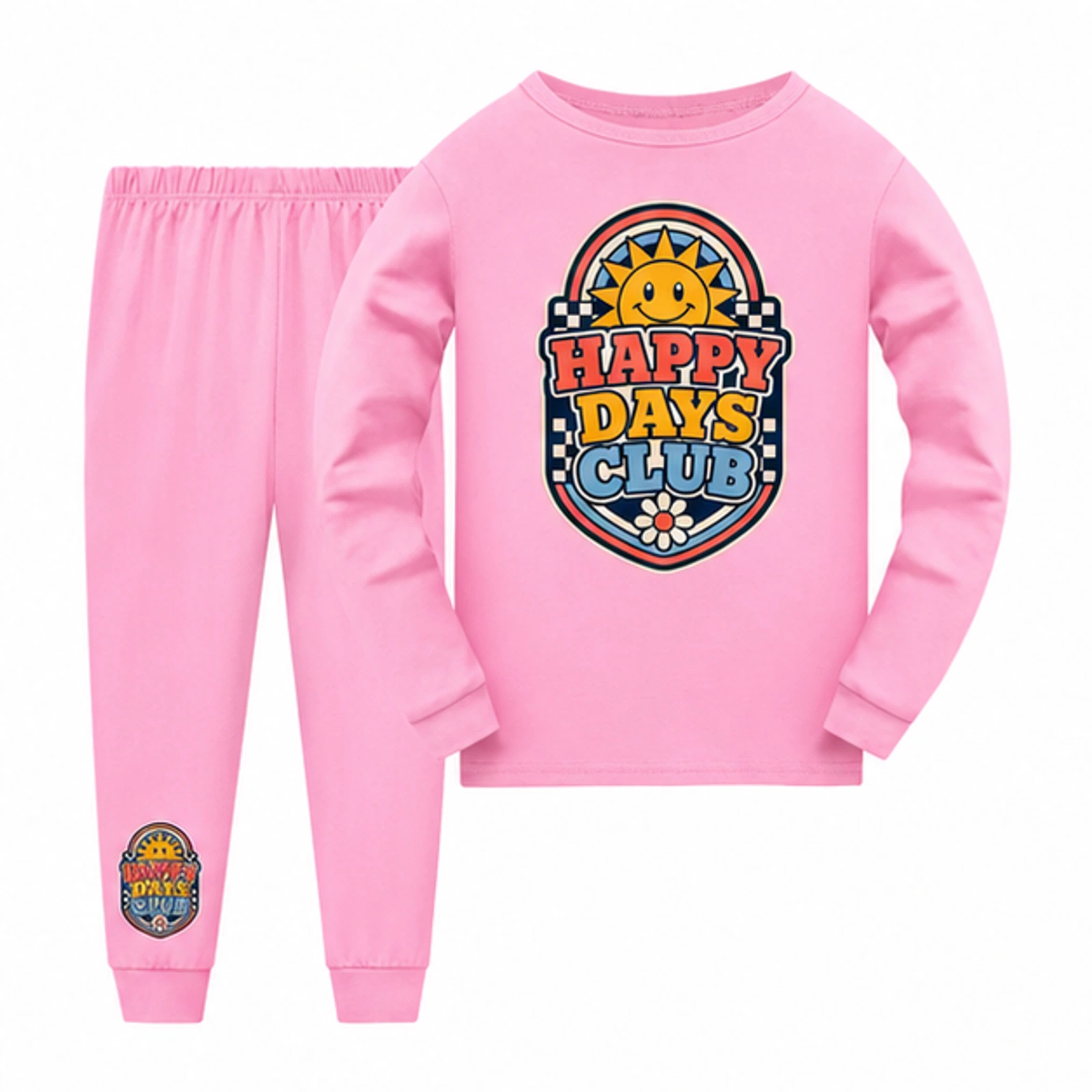 Happy Days Club Custom Kids Long Pajama Set, AI-redrawn from the exact blank product and approved logo reference