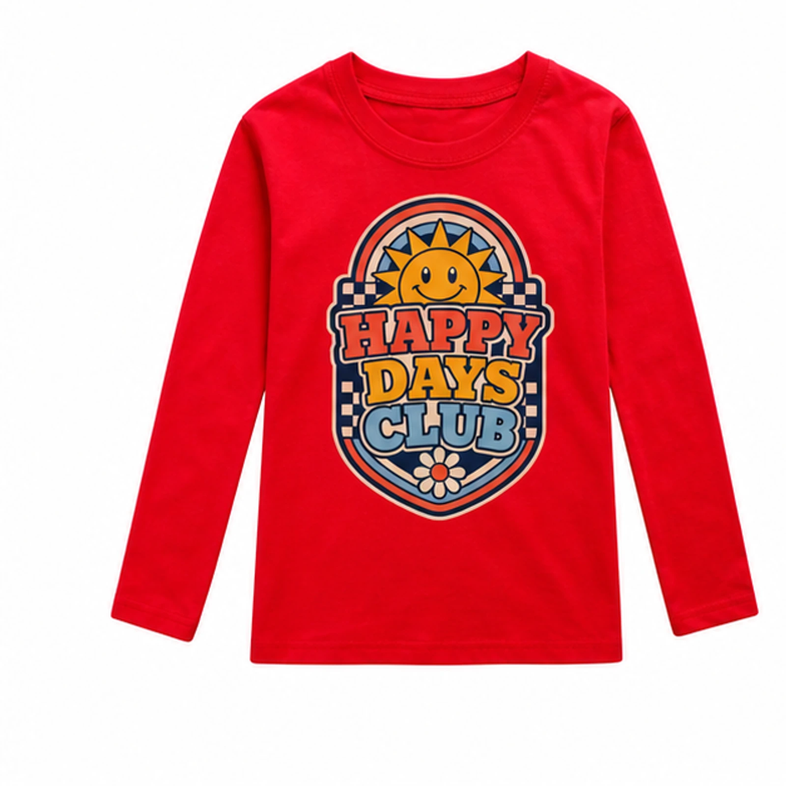 Happy Days Club Custom Kids Long-Sleeve T-Shirt, AI-redrawn from the exact blank product and approved logo reference, alternate clean ecommerce view