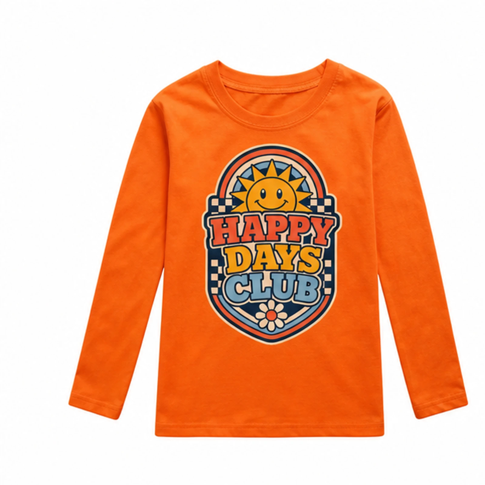 Happy Days Club Custom Kids Long-Sleeve T-Shirt, AI-redrawn from the exact blank product and approved logo reference