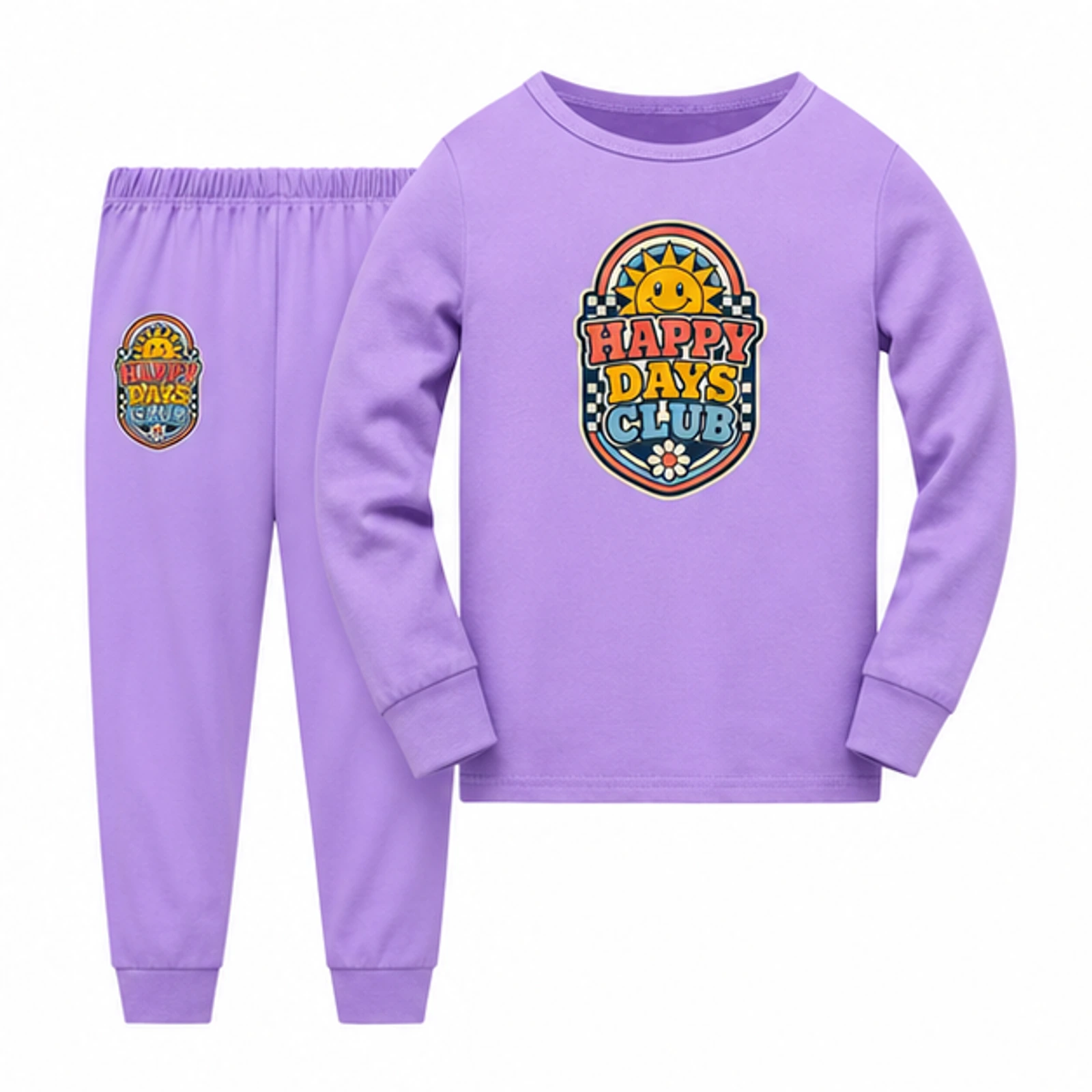 Purple · Long-Sleeve Style option for Happy Days Club Custom Kids Long-Sleeve Top and Pants Set, AI-redrawn from the exact blank product and approved logo reference